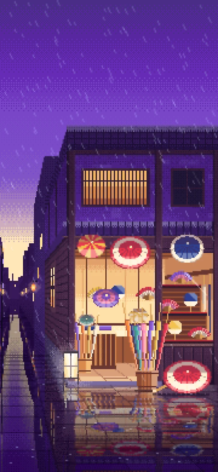 Purple Pixel Art Japanese Umbrella Shop wallpaper for iPhone and Android