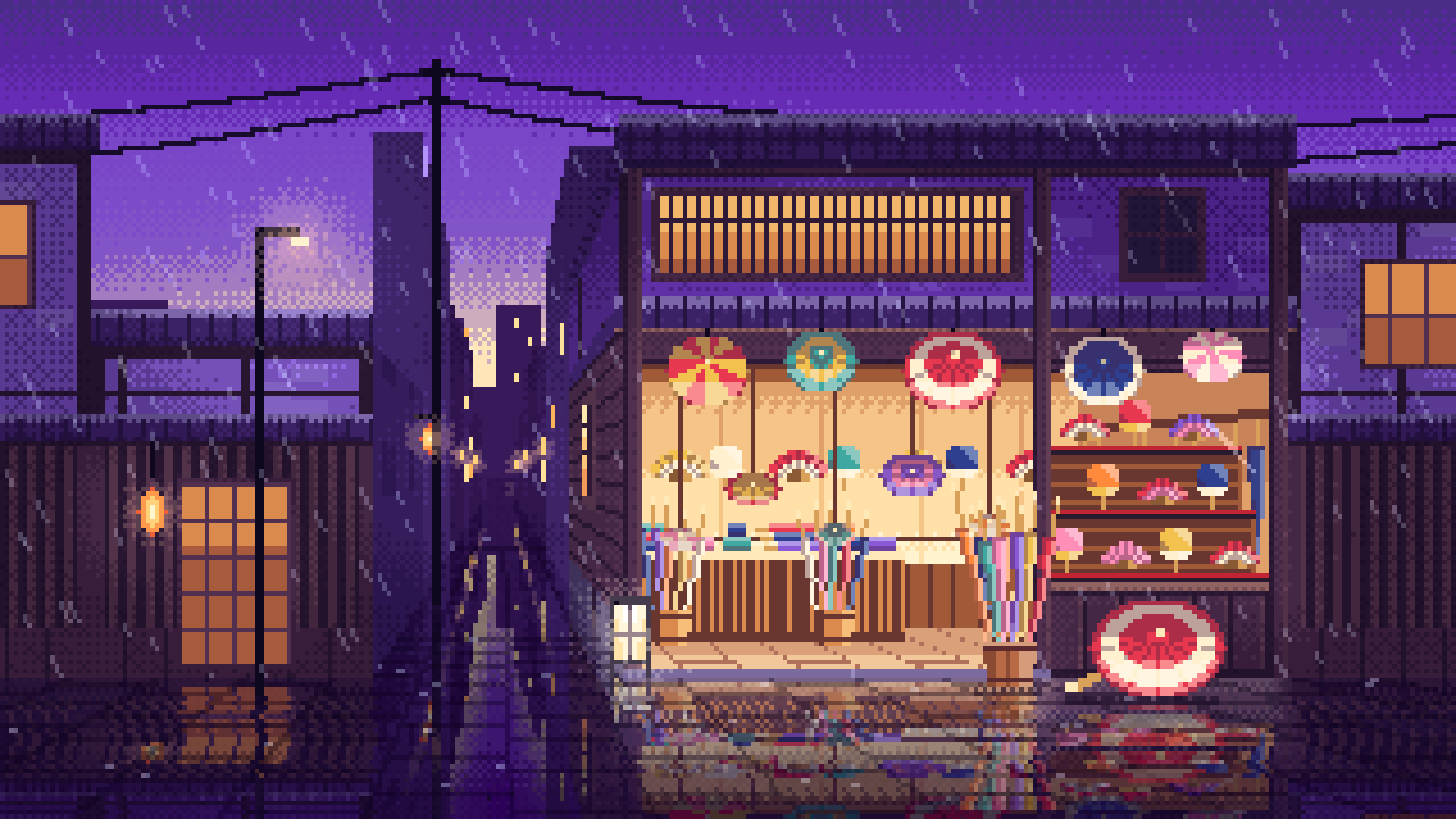 Purple Pixel Art Japanese Umbrella Shop desktop wallpaper in 4K
