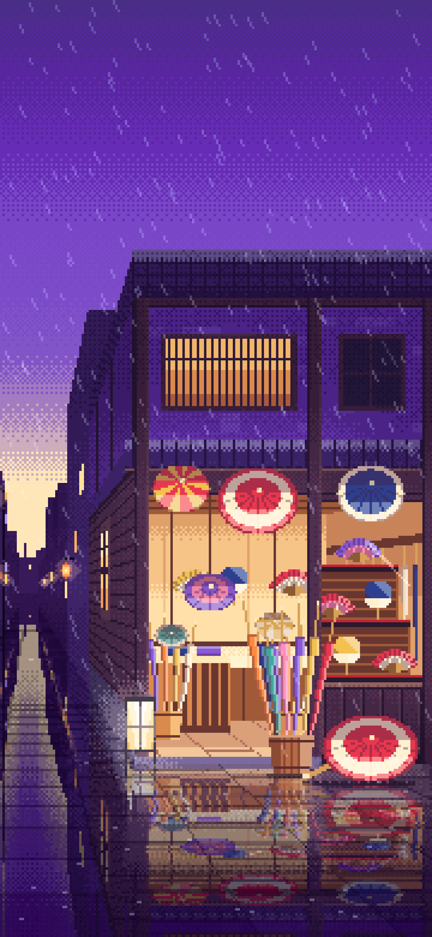 Purple Pixel Art Japanese Umbrella Shop wallpaper for iPhone and Android