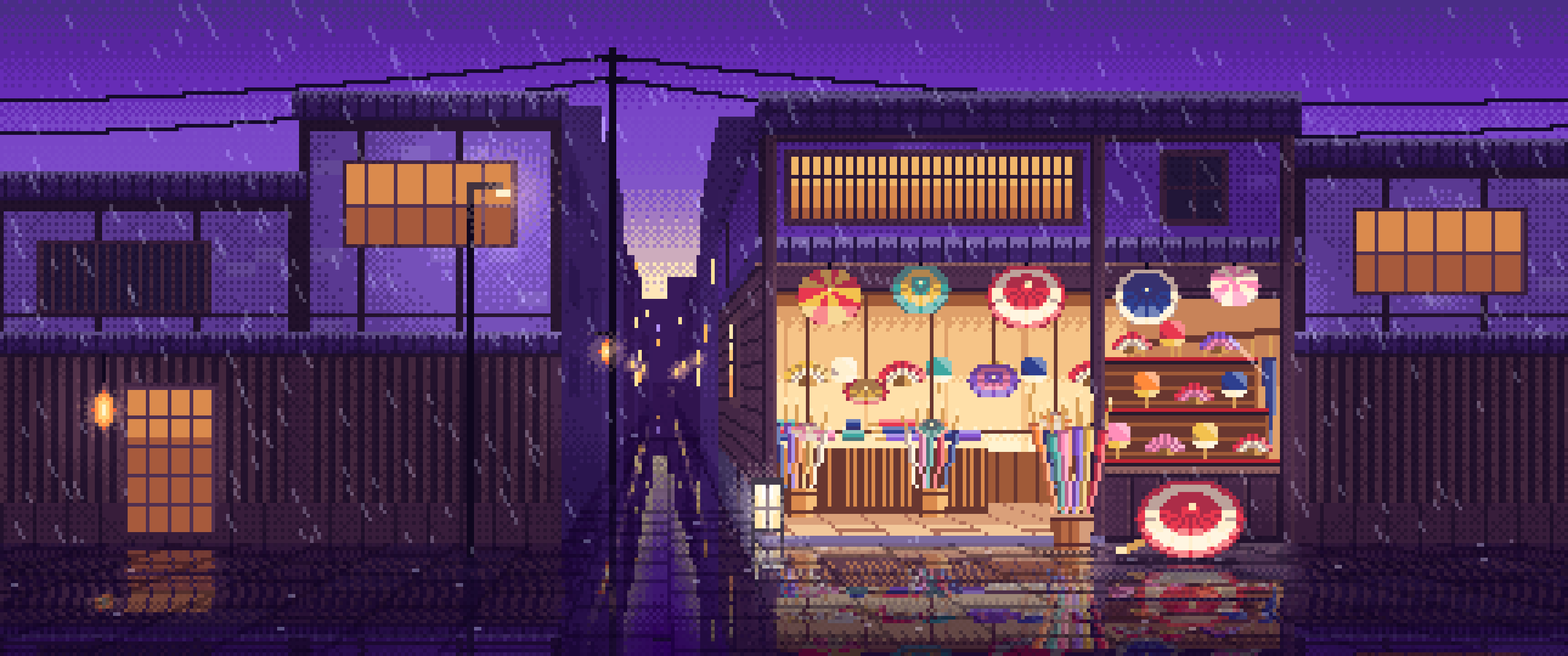 Purple Pixel Art Japanese Umbrella Shop ultrawide wallpaper, 3440 × 1440