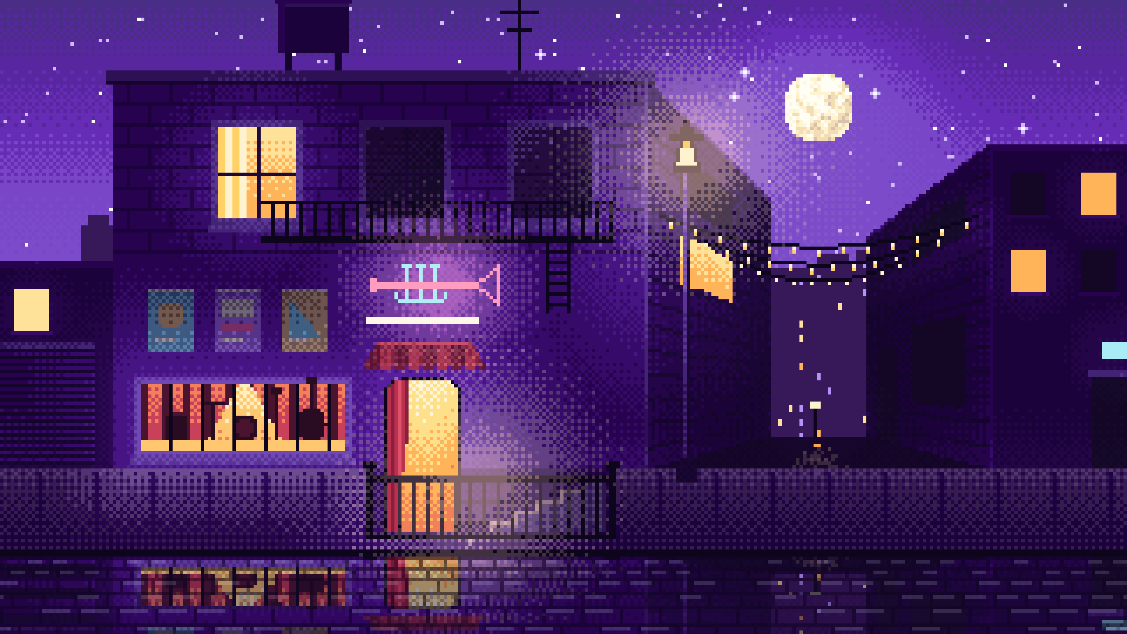 Purple Pixel Art Jazz Club at Night desktop wallpaper in 4K