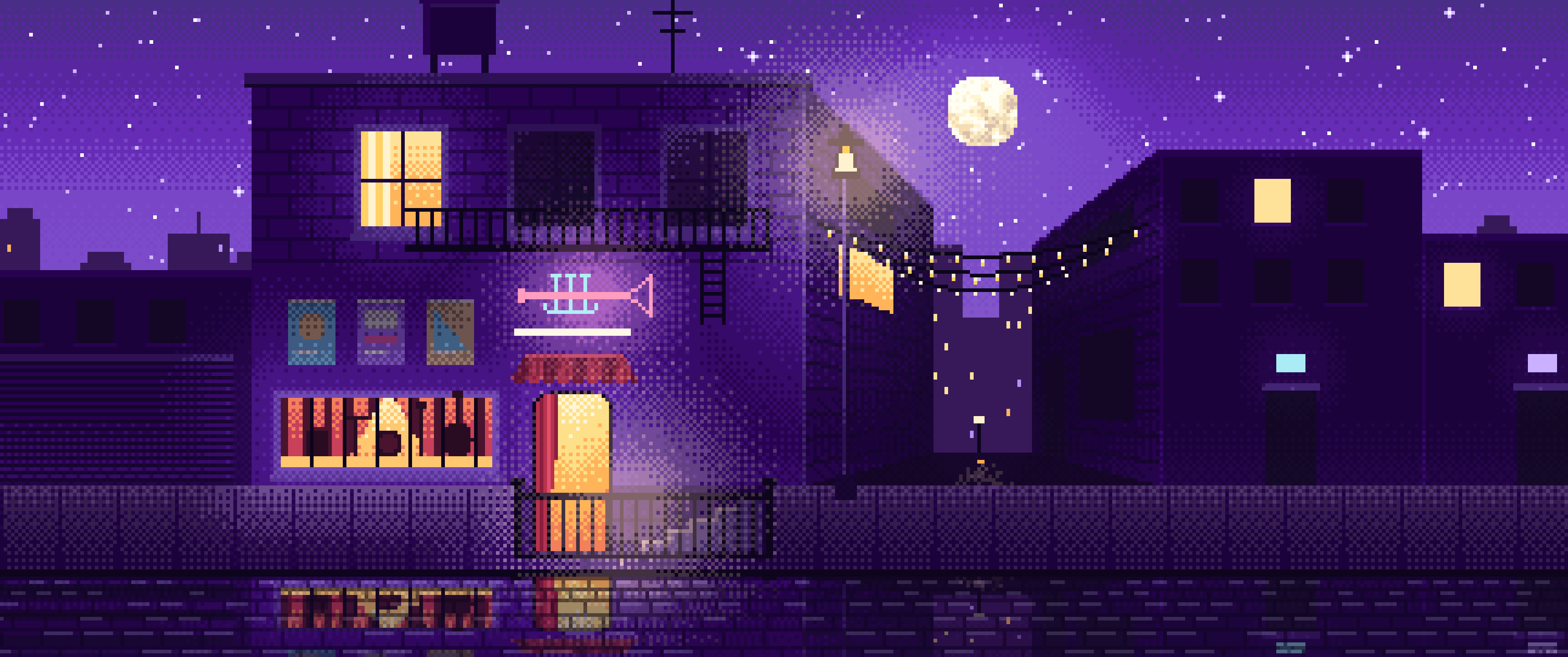 Purple Pixel Art Jazz Club at Night ultrawide wallpaper, 3440 × 1440
