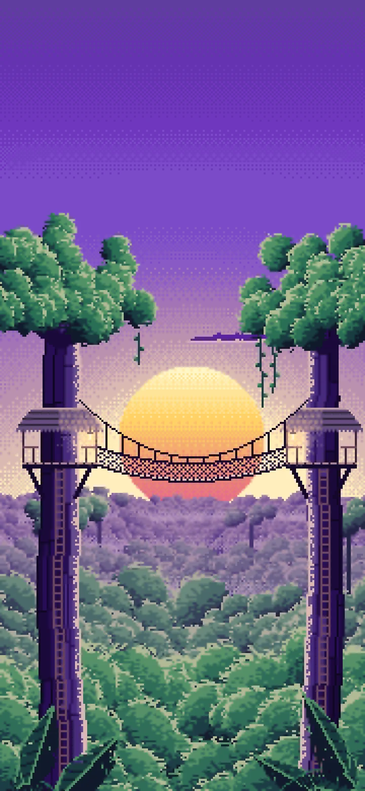 Purple Pixel Art Jungle Canopy Walkway wallpaper for iPhone and Android
