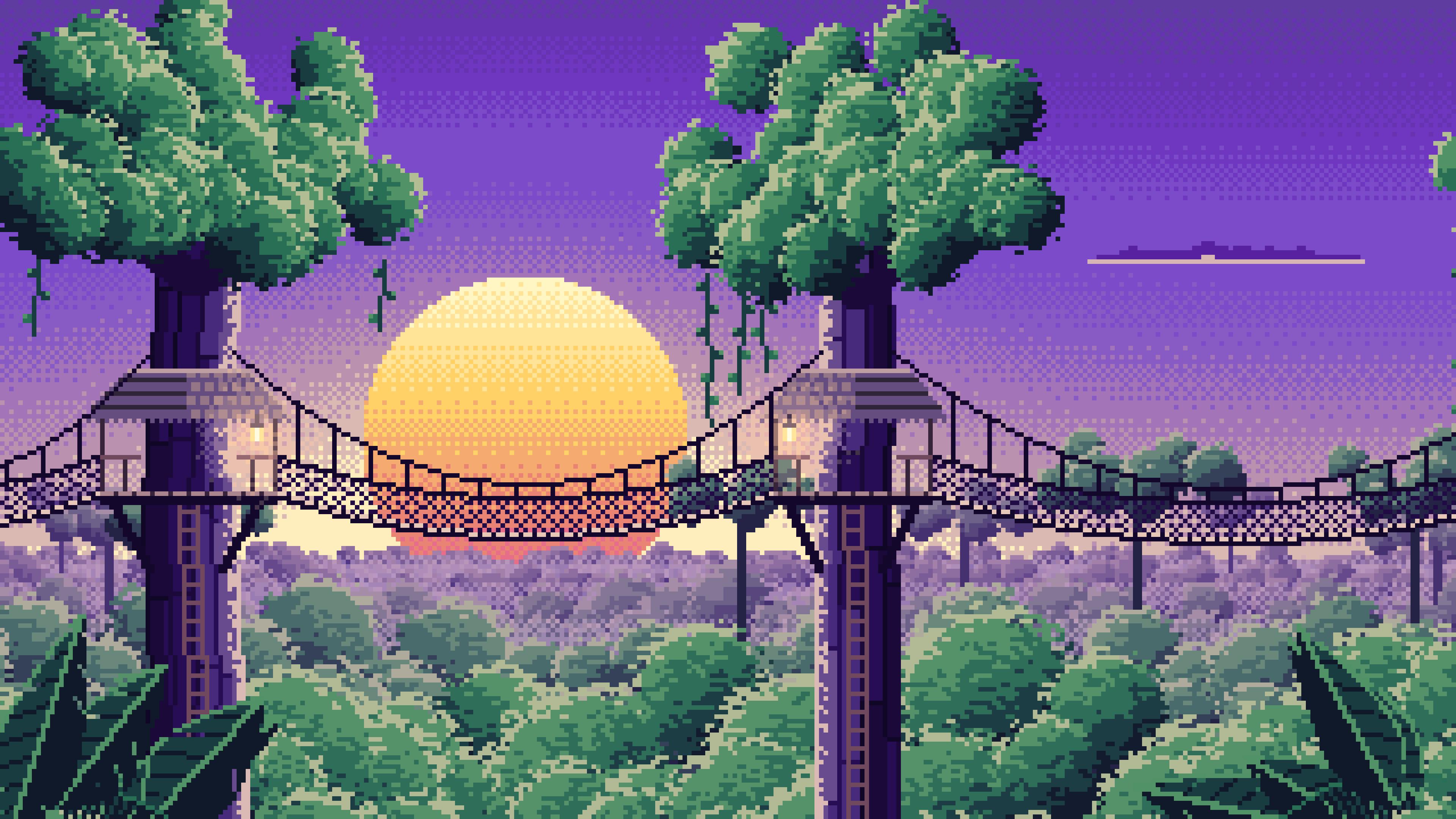 Purple Pixel Art Jungle Canopy Walkway desktop wallpaper in 4K