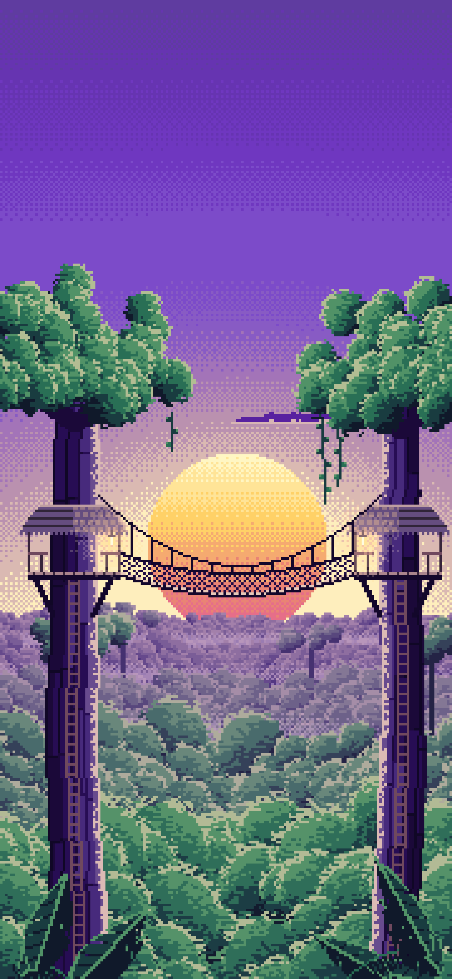 Purple Pixel Art Jungle Canopy Walkway wallpaper for iPhone and Android