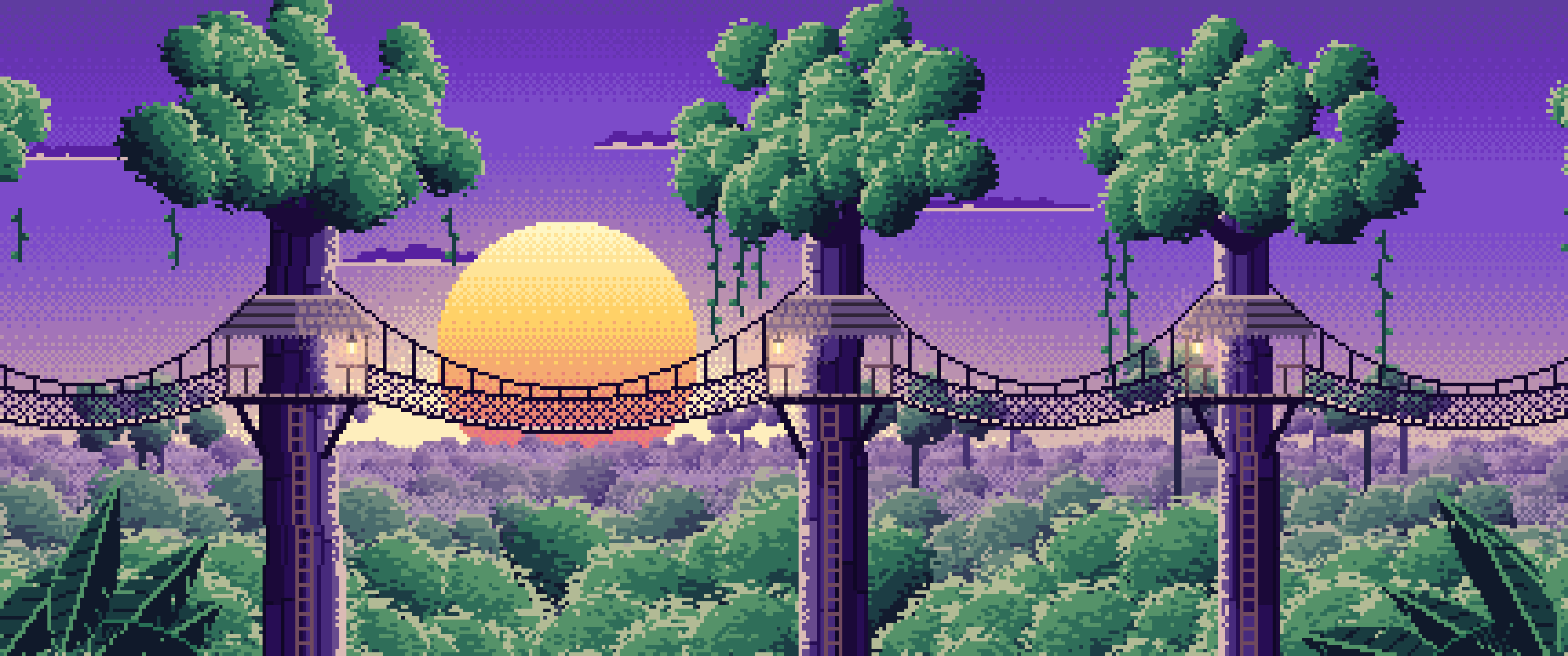 Purple Pixel Art Jungle Canopy Walkway ultrawide wallpaper, 3440 × 1440