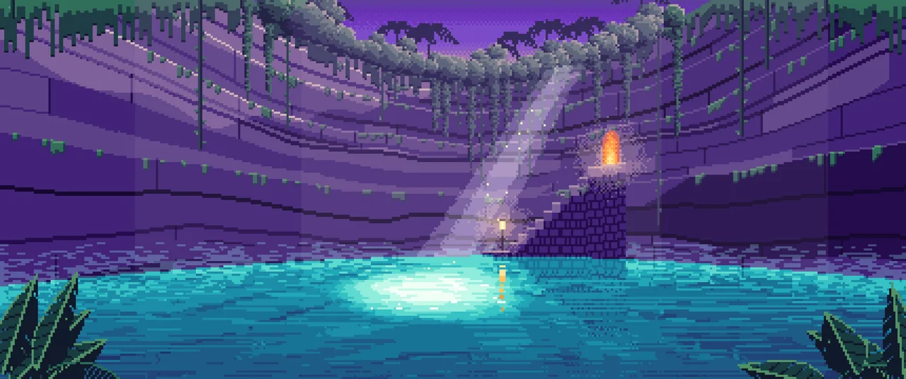 Purple Pixel Art Jungle Cenote ultrawide wallpaper, 3440 × 1440