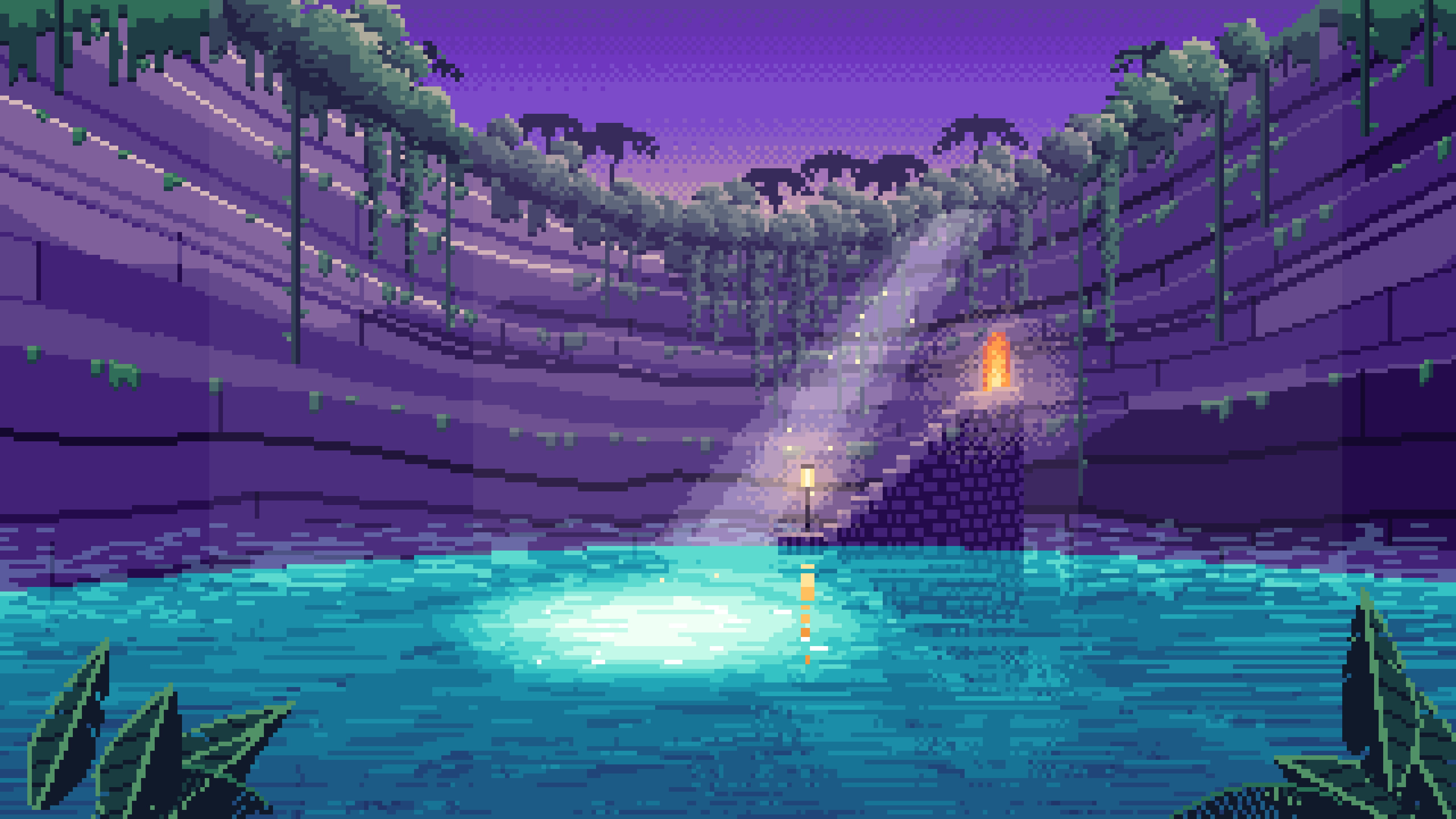 Purple Pixel Art Jungle Cenote desktop wallpaper in 4K