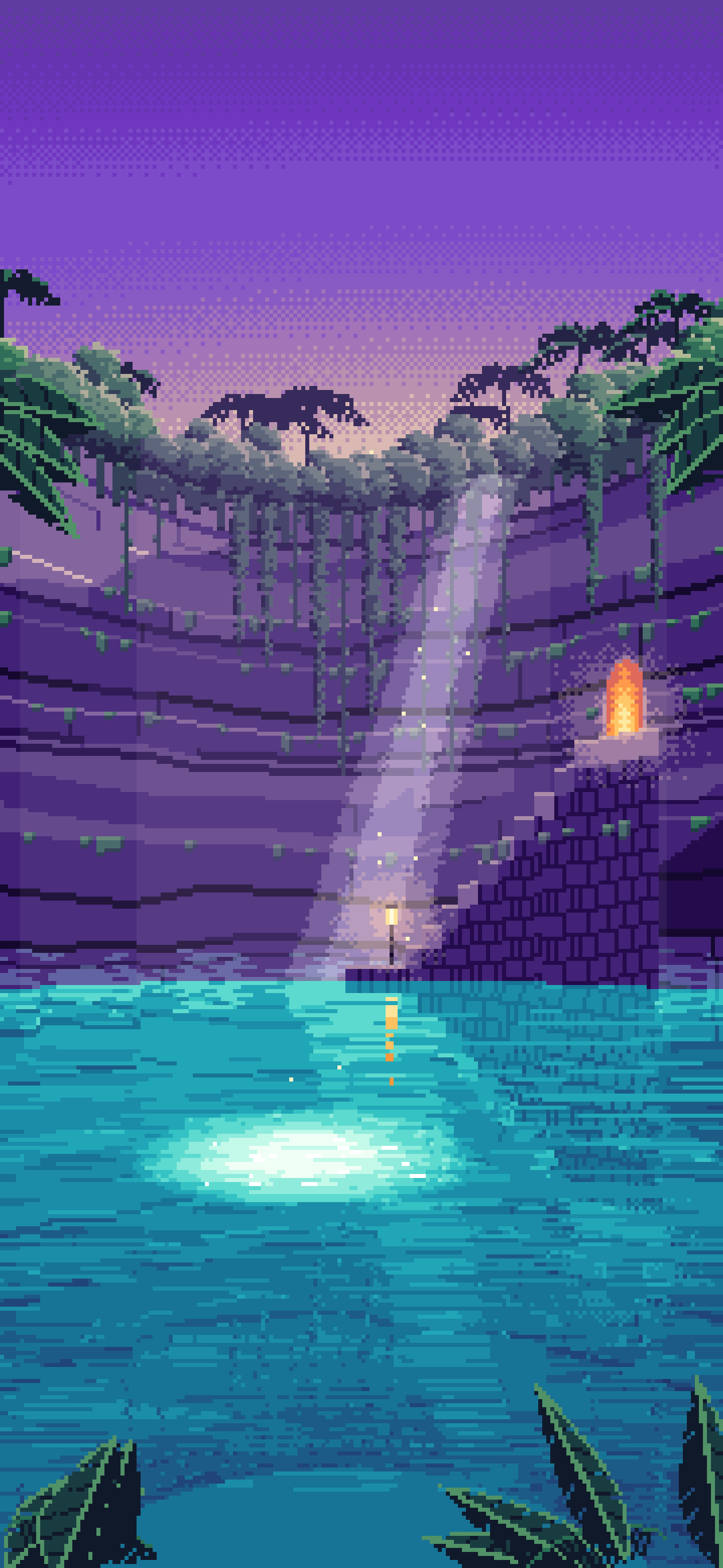 Purple Pixel Art Jungle Cenote wallpaper for iPhone and Android