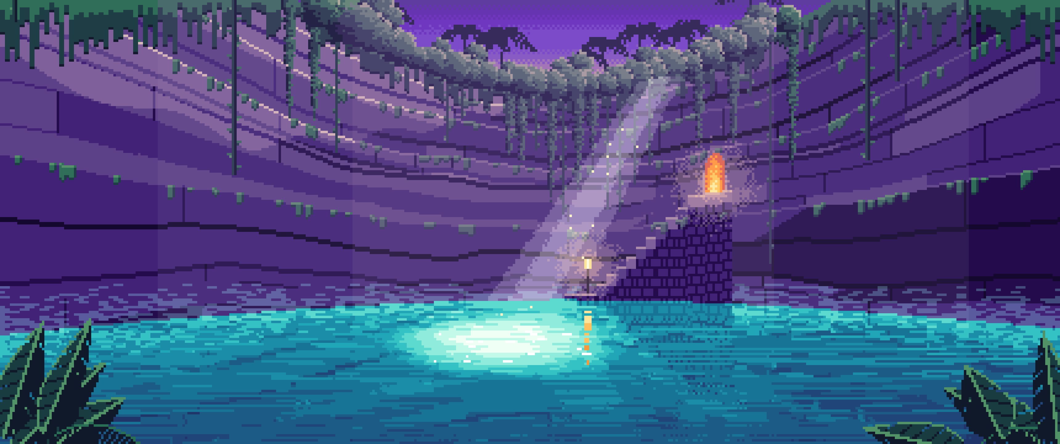 Purple Pixel Art Jungle Cenote ultrawide wallpaper, 3440 × 1440