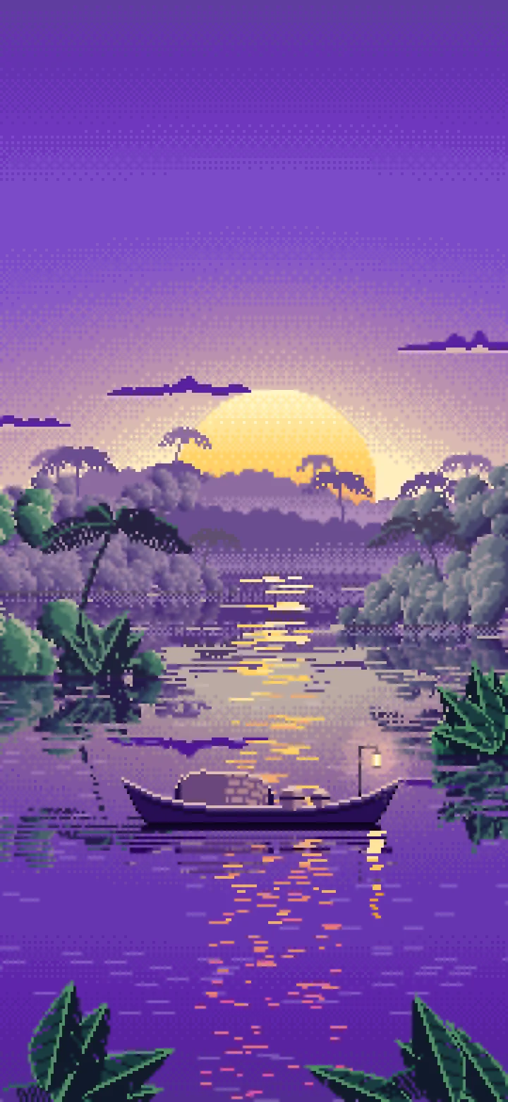 Purple Pixel Art Jungle River and Lantern Boat wallpaper for iPhone and Android