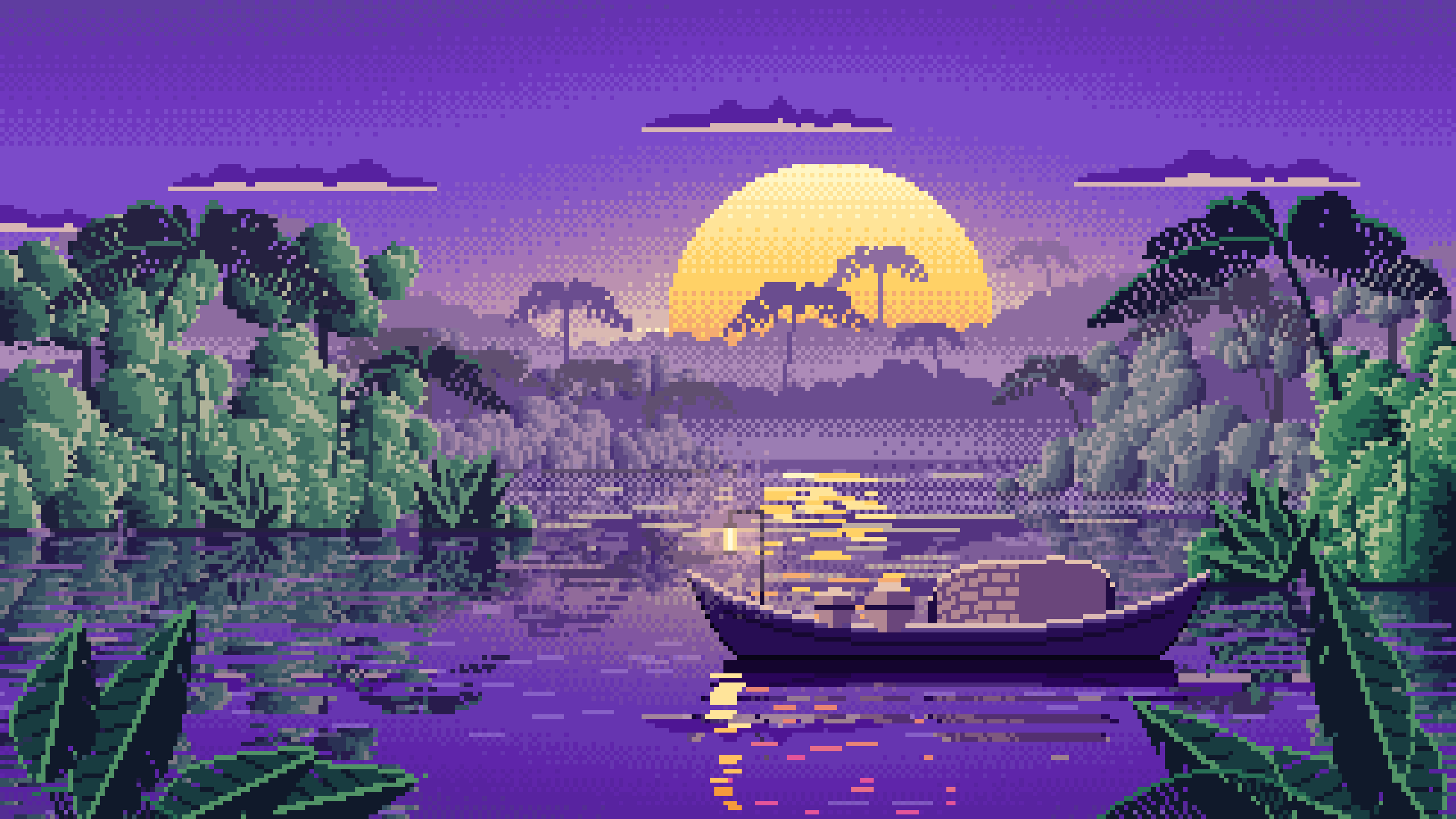 Purple Pixel Art Jungle River and Lantern Boat desktop wallpaper in 4K