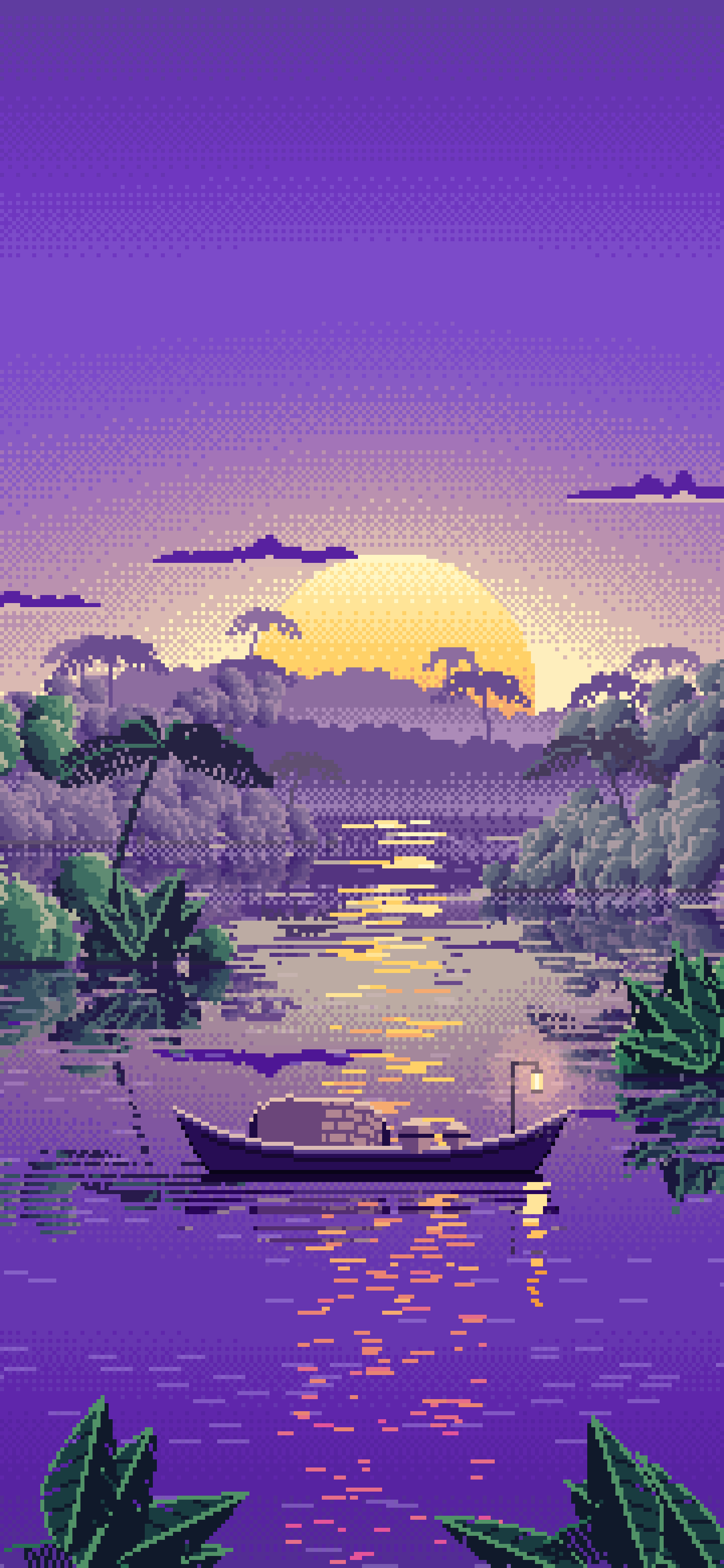 Purple Pixel Art Jungle River and Lantern Boat wallpaper for iPhone and Android