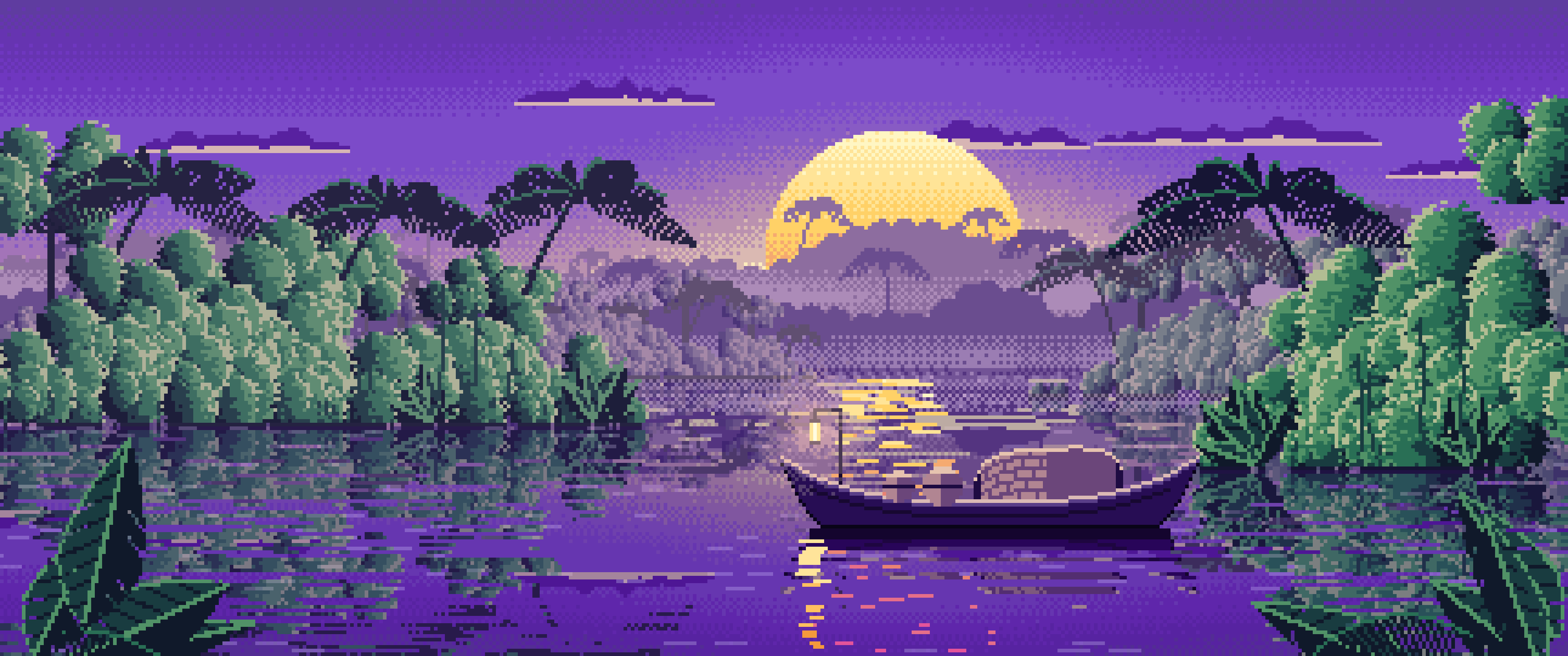 Purple Pixel Art Jungle River and Lantern Boat ultrawide wallpaper, 3440 × 1440