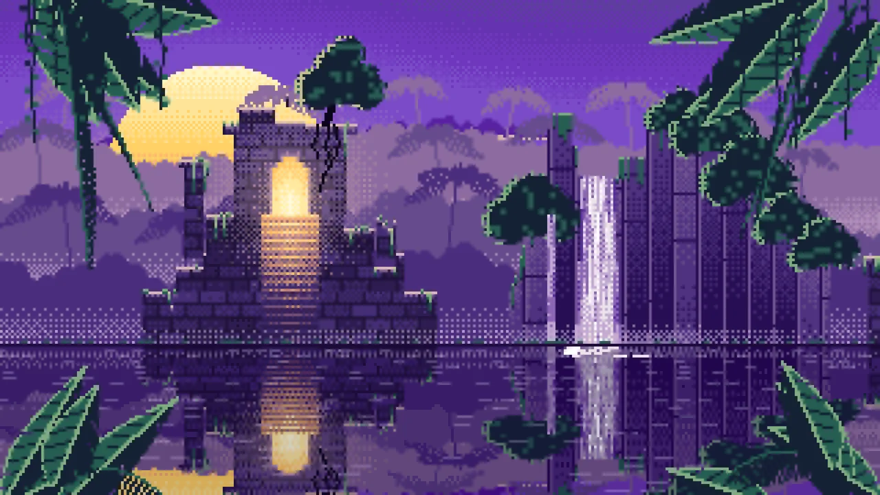 Purple Pixel Art Jungle Temple Ruins desktop wallpaper in 4K