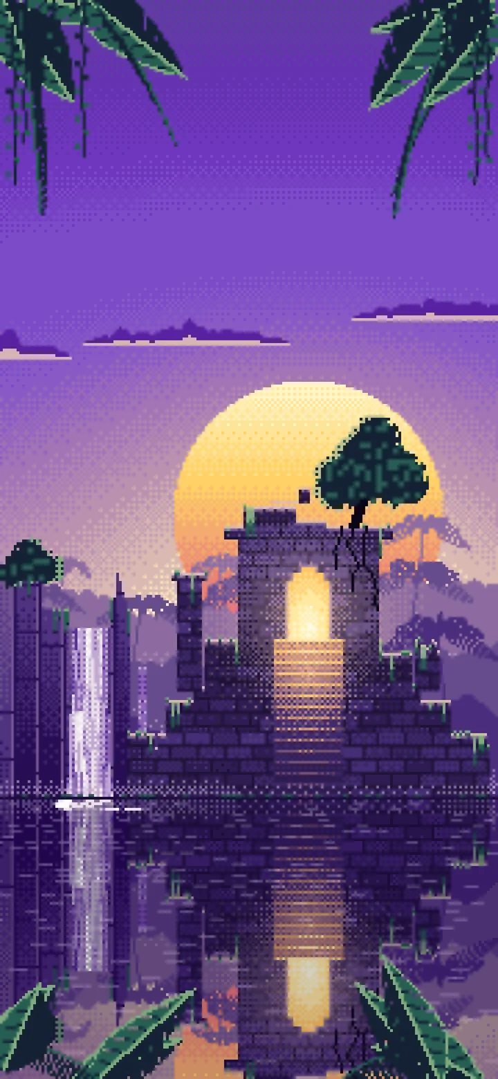 Purple Pixel Art Jungle Temple Ruins wallpaper for iPhone and Android