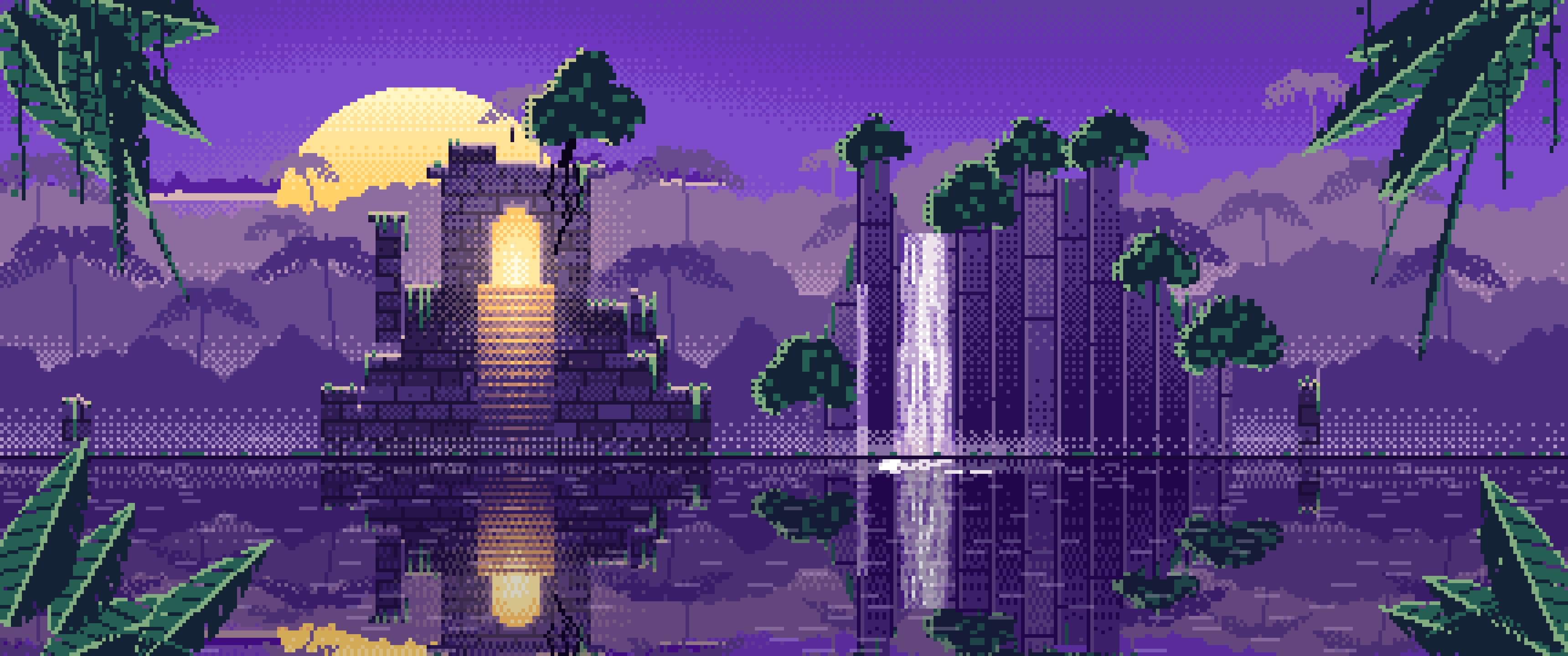 Purple Pixel Art Jungle Temple Ruins ultrawide wallpaper, 3440 × 1440