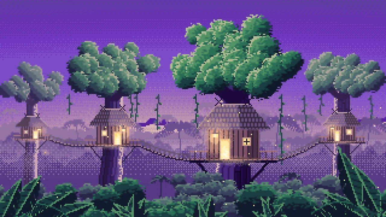 Purple Pixel Art Jungle Treehouses by Lantern Light desktop wallpaper in 4K