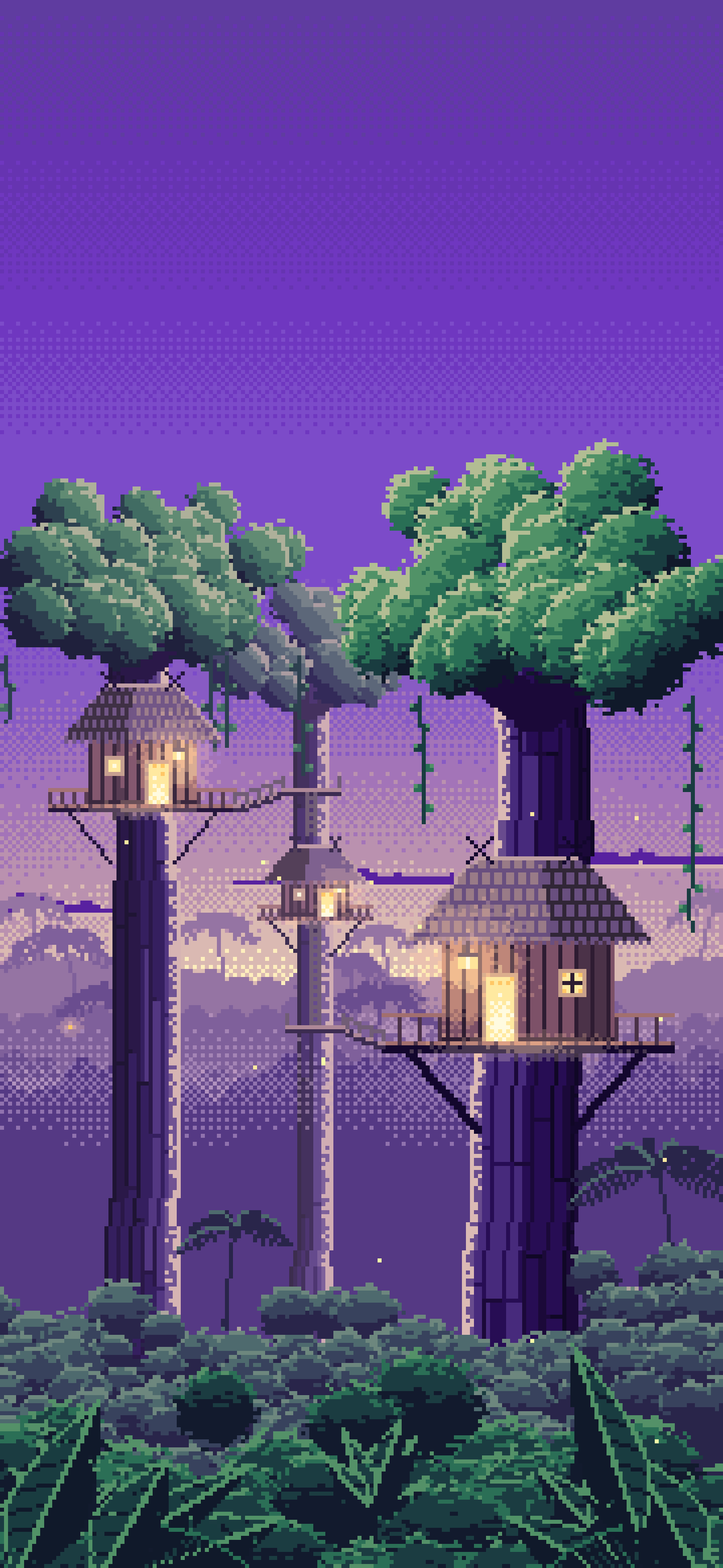 Purple Pixel Art Jungle Treehouses by Lantern Light wallpaper for iPhone and Android