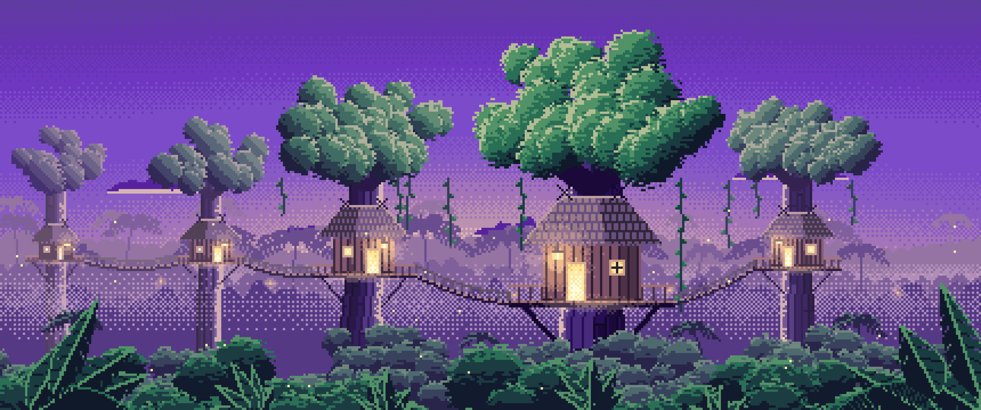 Purple Pixel Art Jungle Treehouses by Lantern Light ultrawide wallpaper, 3440 × 1440
