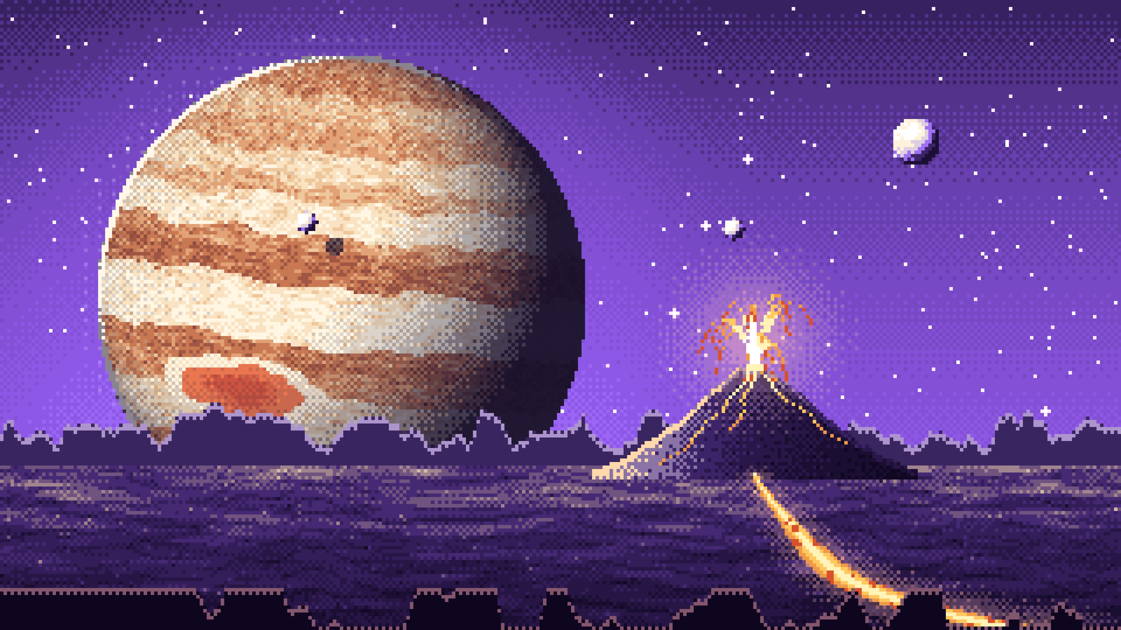 Purple Pixel Art Jupiter Over a Molten World desktop wallpaper in 4K
