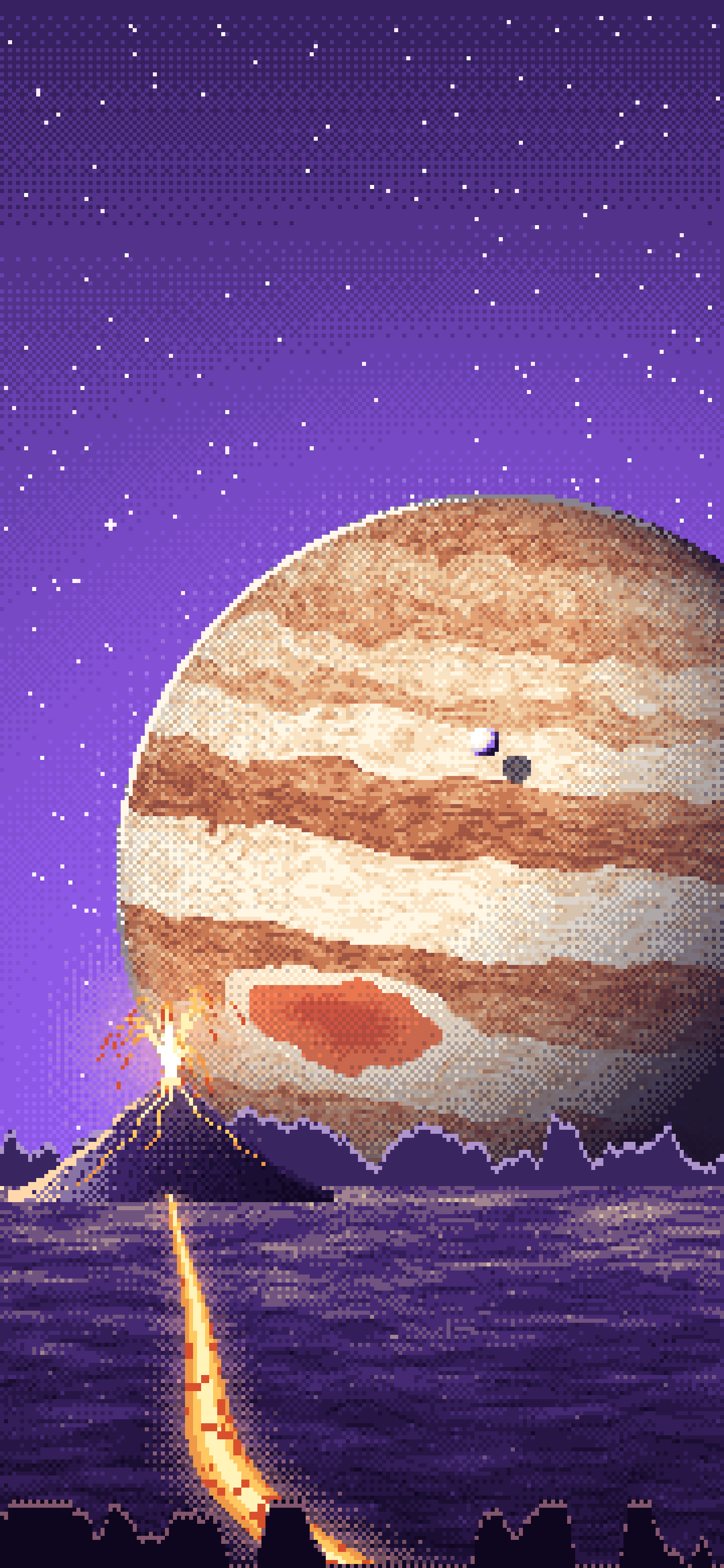 Purple Pixel Art Jupiter Over a Molten World wallpaper for iPhone and Android