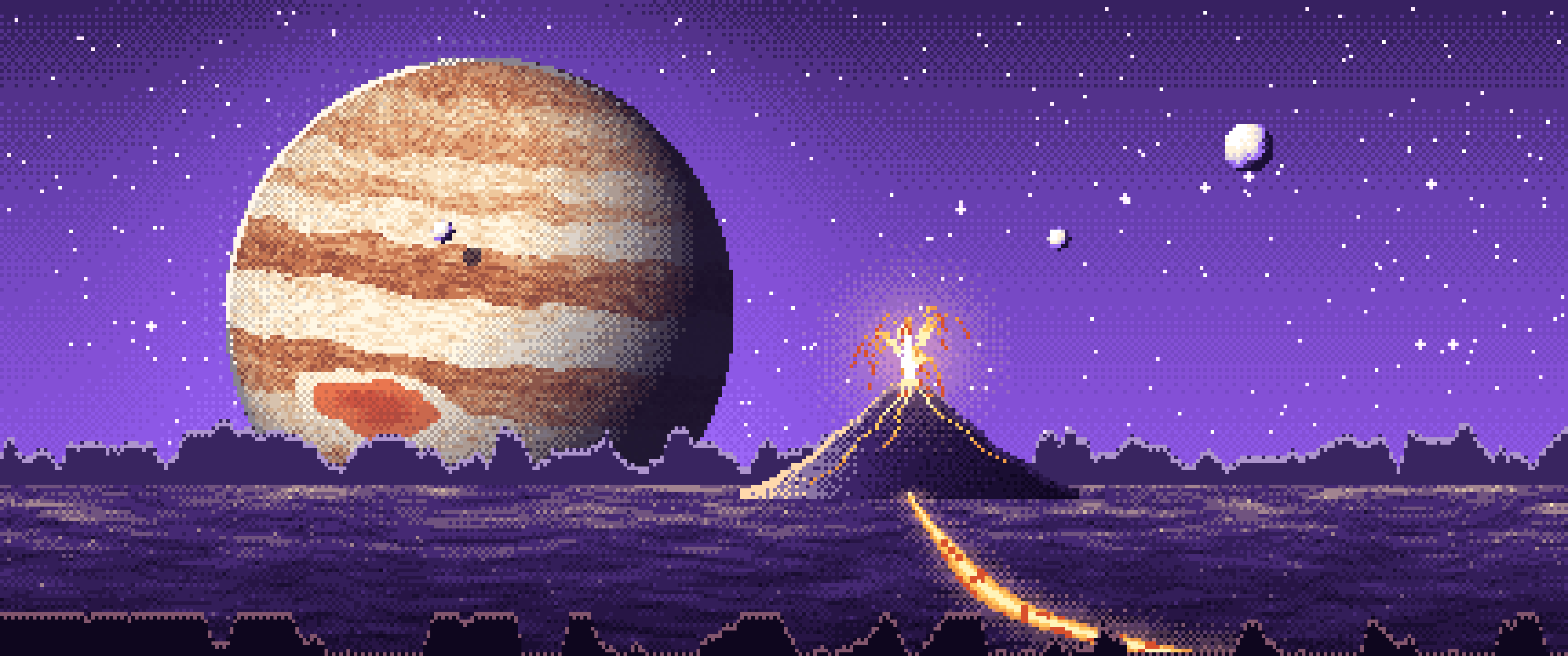 Purple Pixel Art Jupiter Over a Molten World ultrawide wallpaper, 3440 × 1440