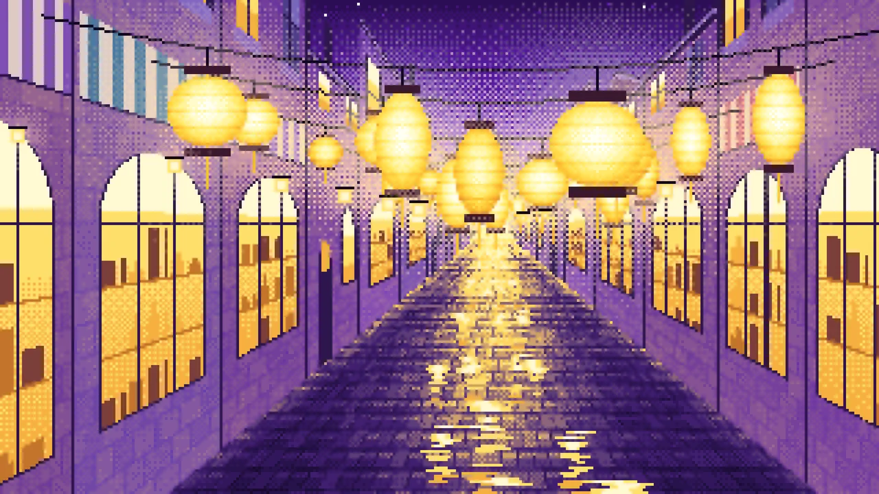 Purple Pixel Art Lantern Street at Night desktop wallpaper in 4K
