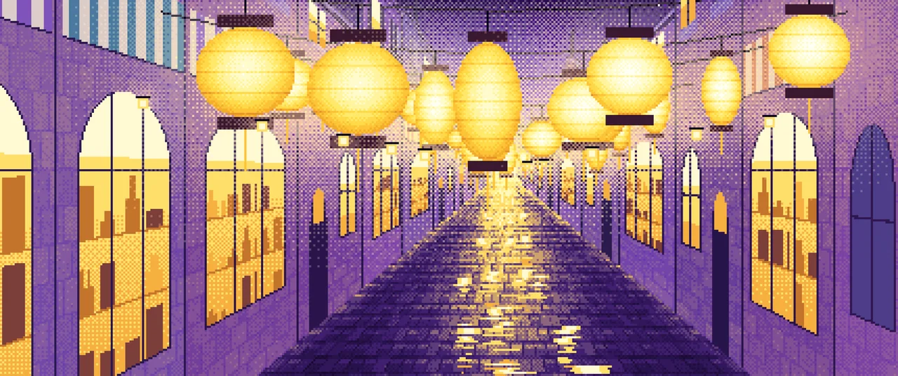 Purple Pixel Art Lantern Street at Night ultrawide wallpaper, 3440 × 1440