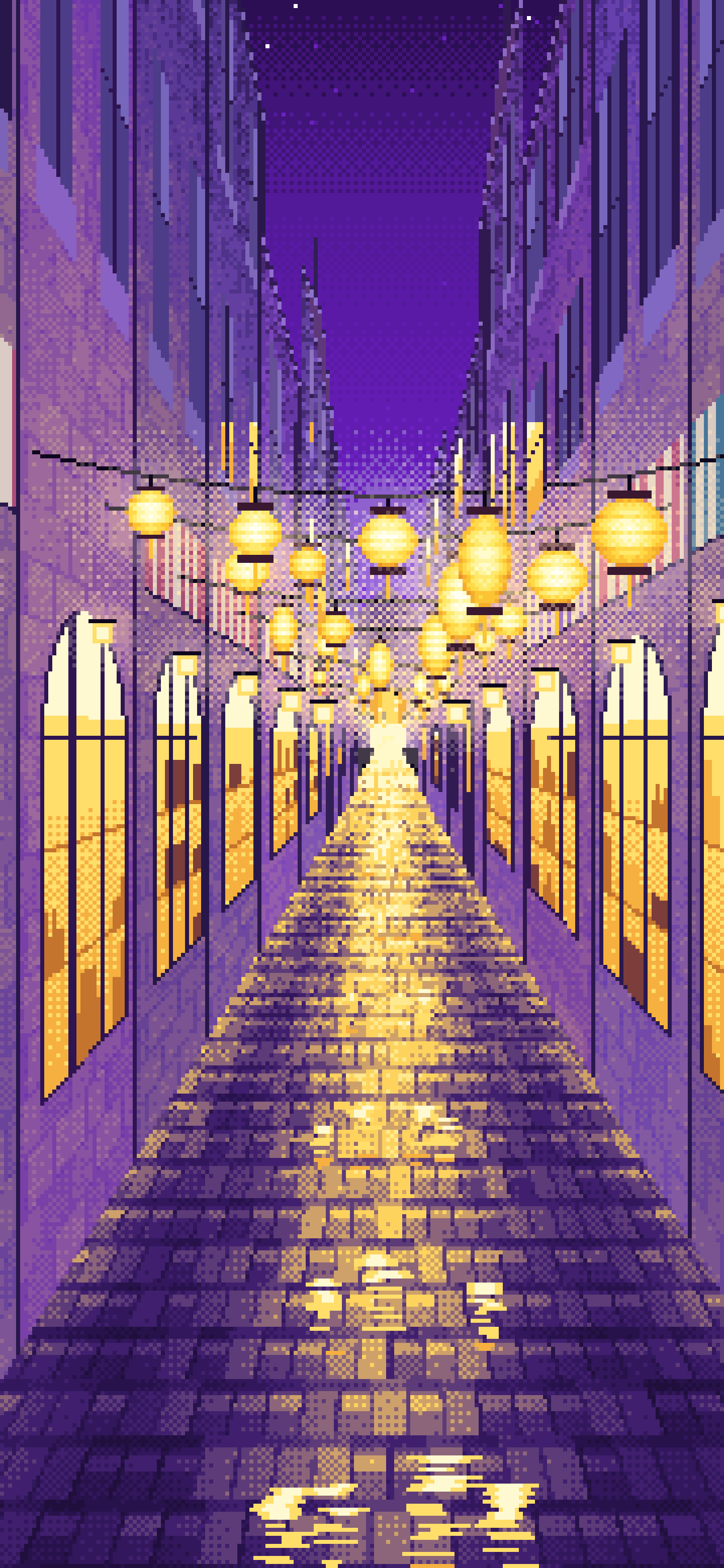 Purple Pixel Art Lantern Street at Night wallpaper for iPhone and Android