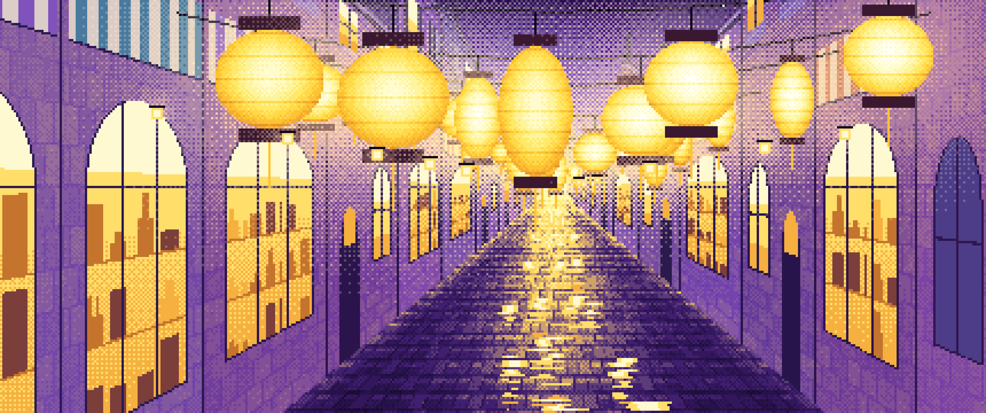 Purple Pixel Art Lantern Street at Night ultrawide wallpaper, 3440 × 1440