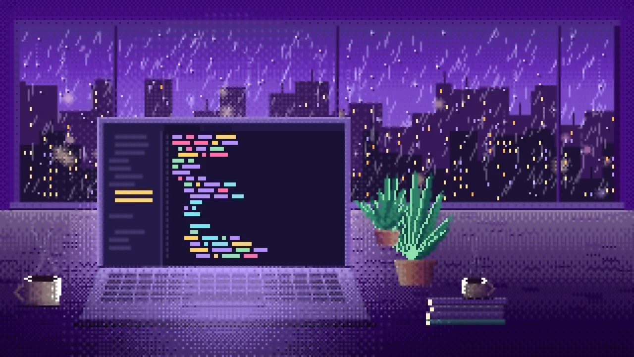 Purple Pixel Art Laptop by a Rainy Window desktop wallpaper in 4K