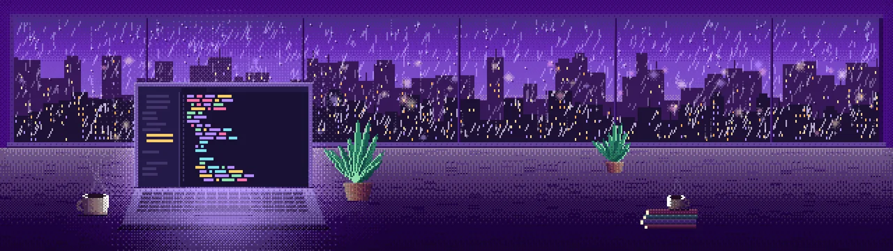 Purple Pixel Art Laptop by a Rainy Window dual monitor wallpaper, 7680 × 2160