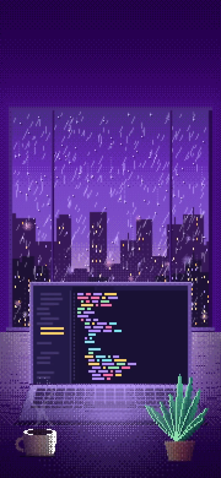 Purple Pixel Art Laptop by a Rainy Window wallpaper for iPhone and Android