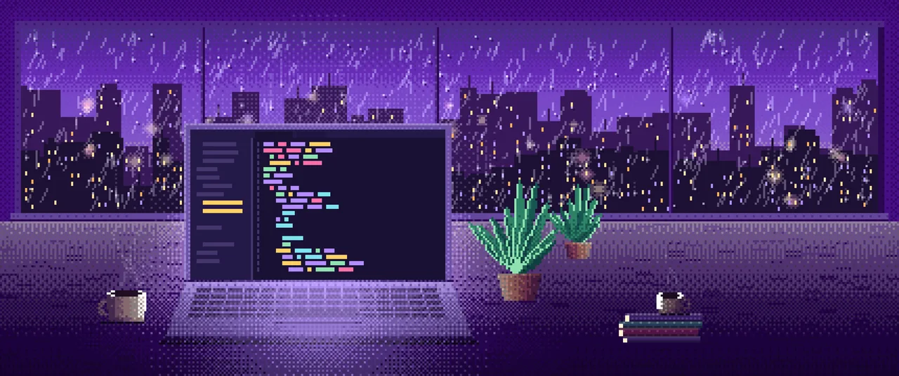 Purple Pixel Art Laptop by a Rainy Window ultrawide wallpaper, 3440 × 1440