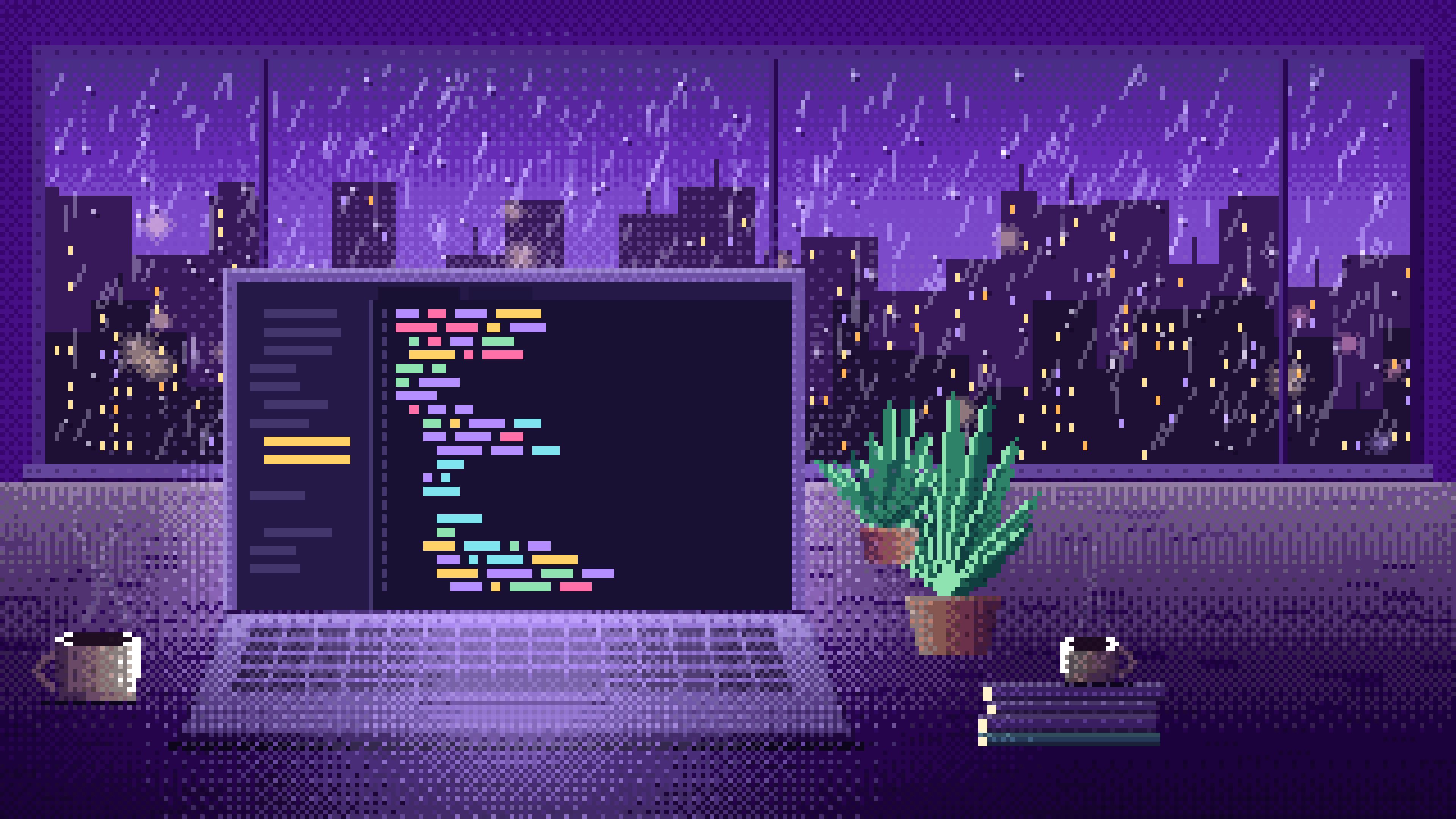 Purple Pixel Art Laptop by a Rainy Window desktop wallpaper in 4K