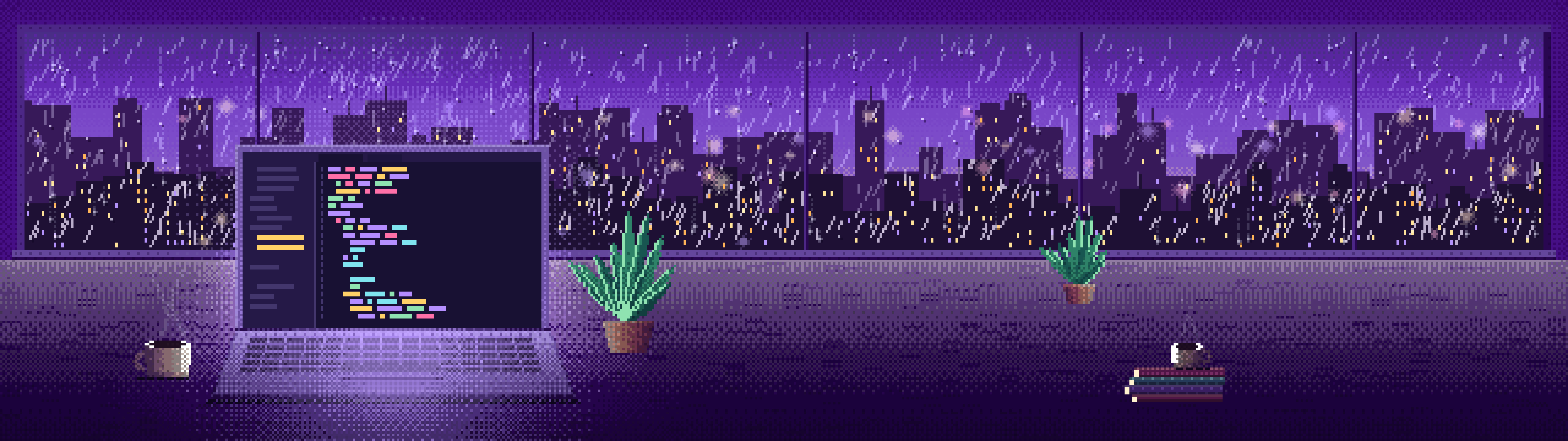 Purple Pixel Art Laptop by a Rainy Window dual monitor wallpaper, 7680 × 2160
