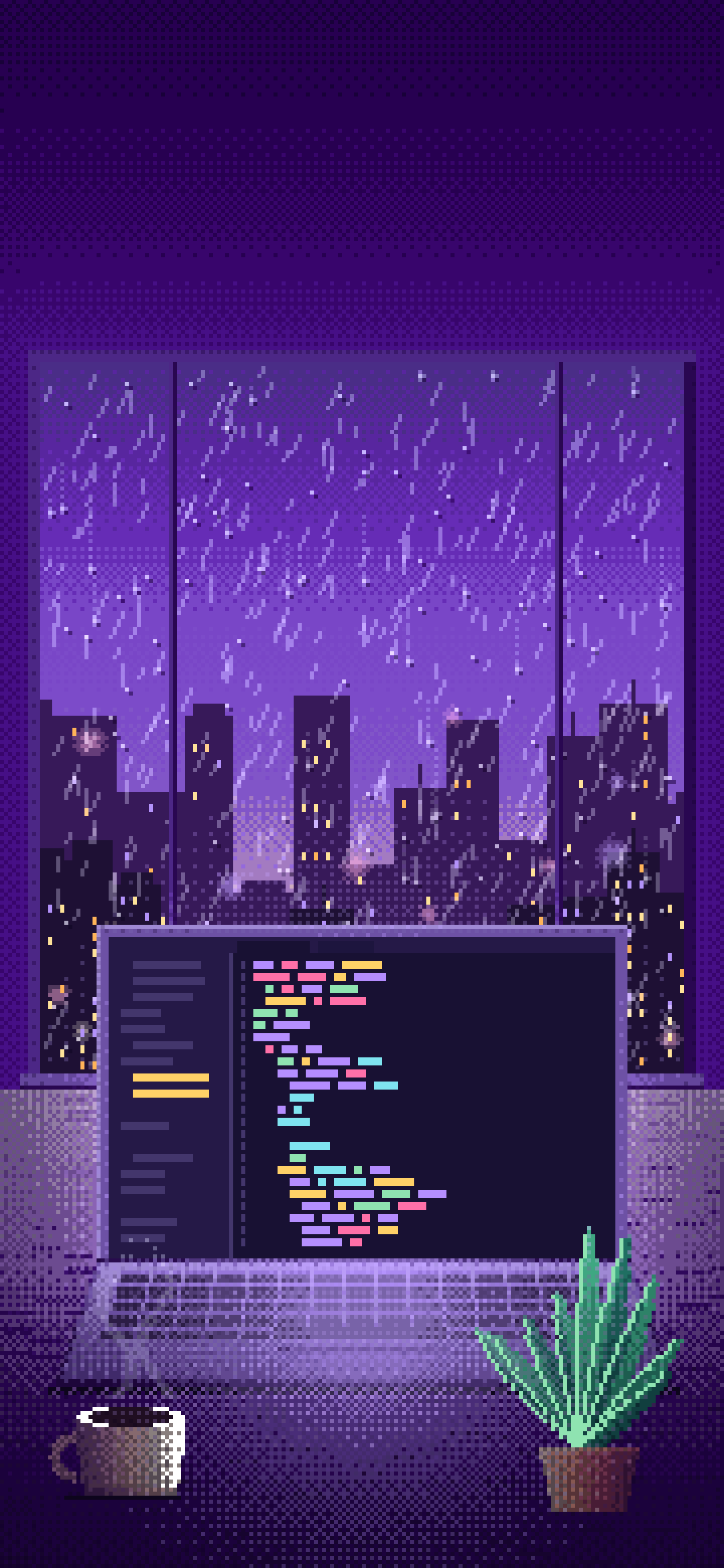 Purple Pixel Art Laptop by a Rainy Window wallpaper for iPhone and Android