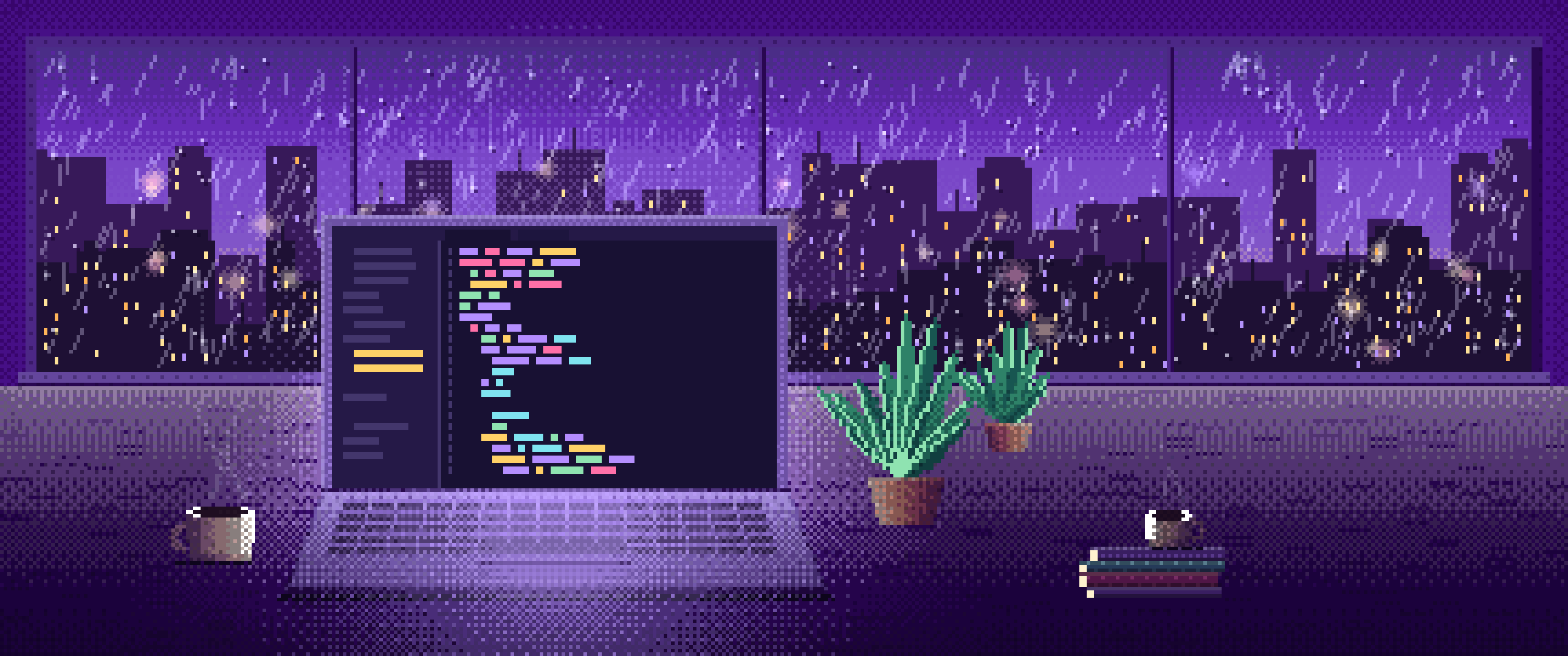 Purple Pixel Art Laptop by a Rainy Window ultrawide wallpaper, 3440 × 1440