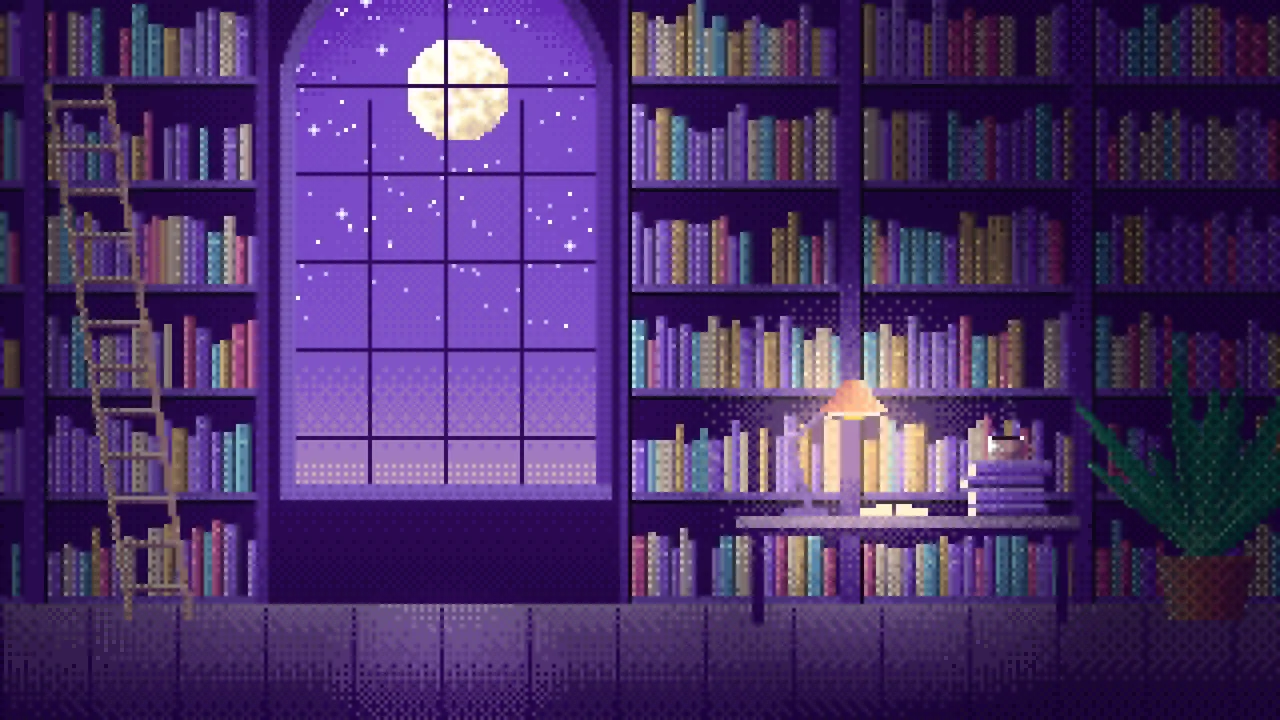 Purple Pixel Art Library desktop wallpaper in 4K