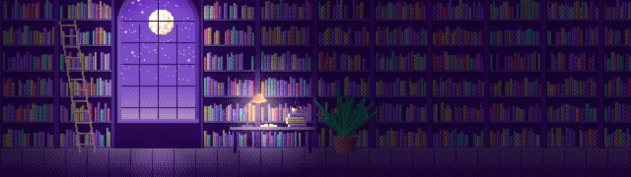 Purple Pixel Art Library dual monitor wallpaper, 7680 × 2160