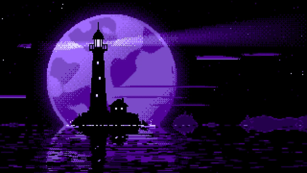Purple Pixel Art Lighthouse and Full Moon desktop wallpaper in 4K