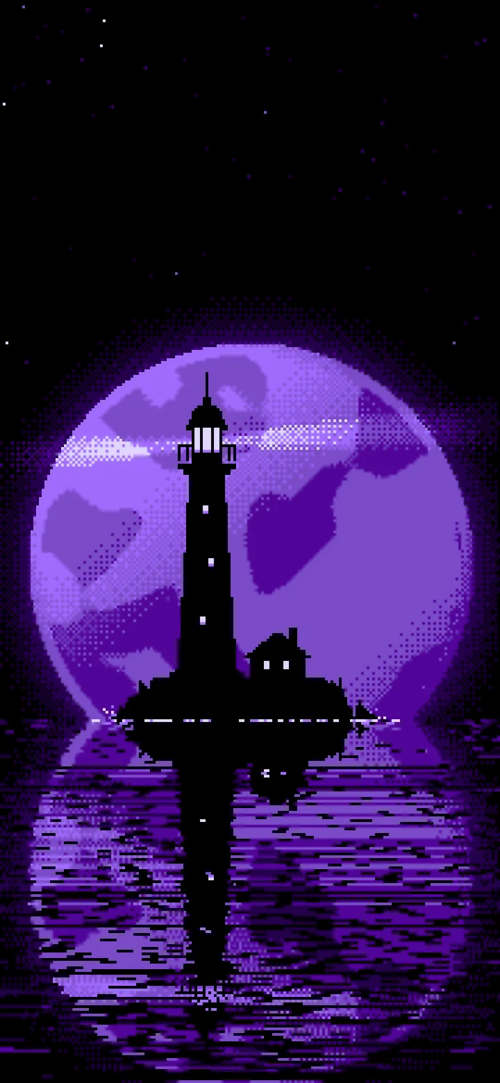Purple Pixel Art Lighthouse and Full Moon wallpaper for iPhone and Android