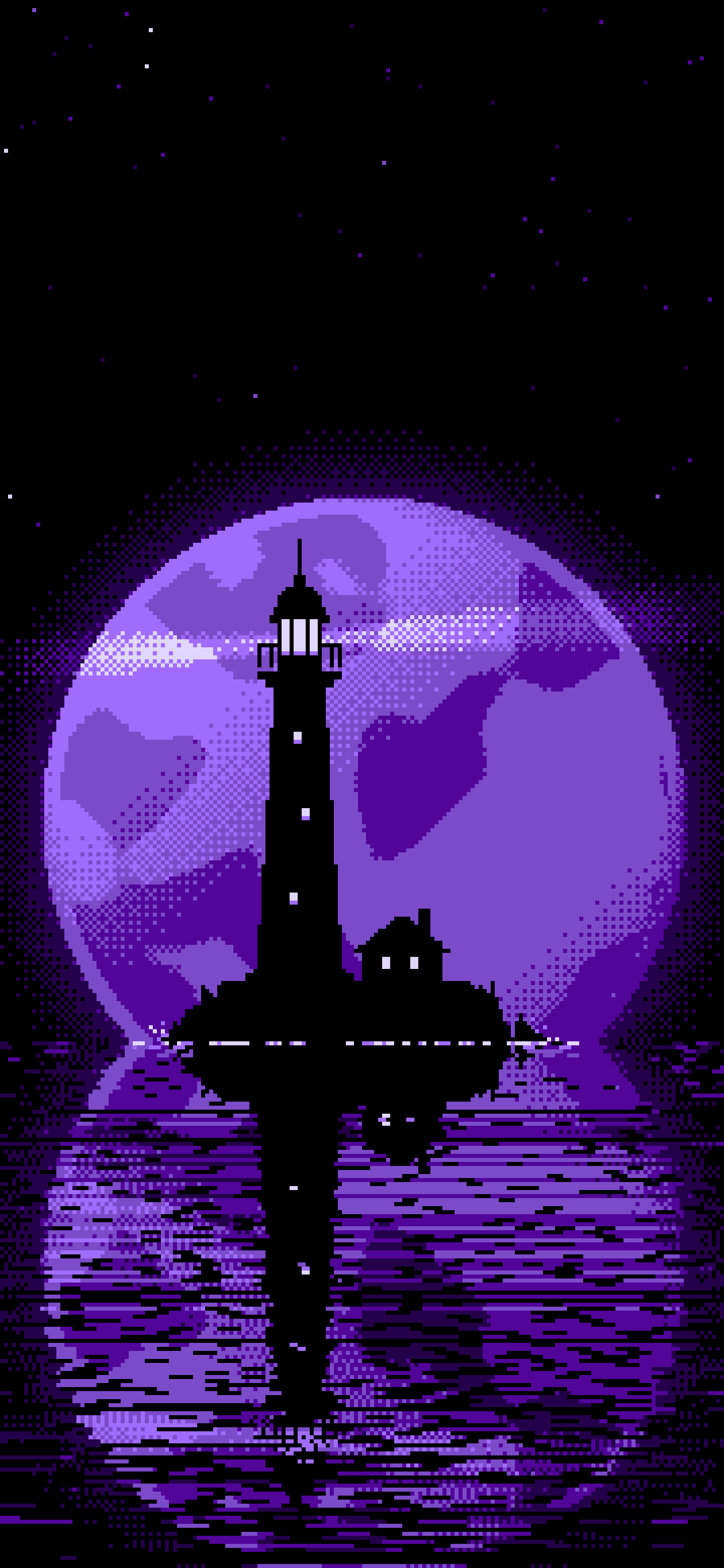 Purple Pixel Art Lighthouse and Full Moon wallpaper for iPhone and Android