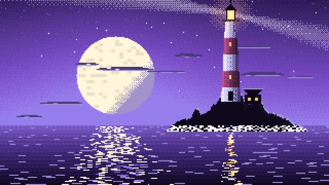 Purple Pixel Art Lighthouse desktop wallpaper in 4K