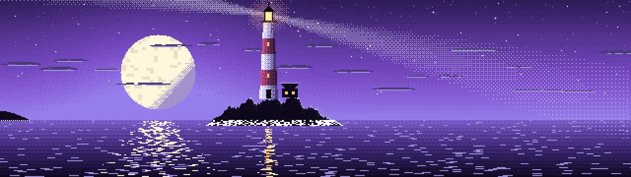 Purple Pixel Art Lighthouse dual monitor wallpaper, 7680 × 2160