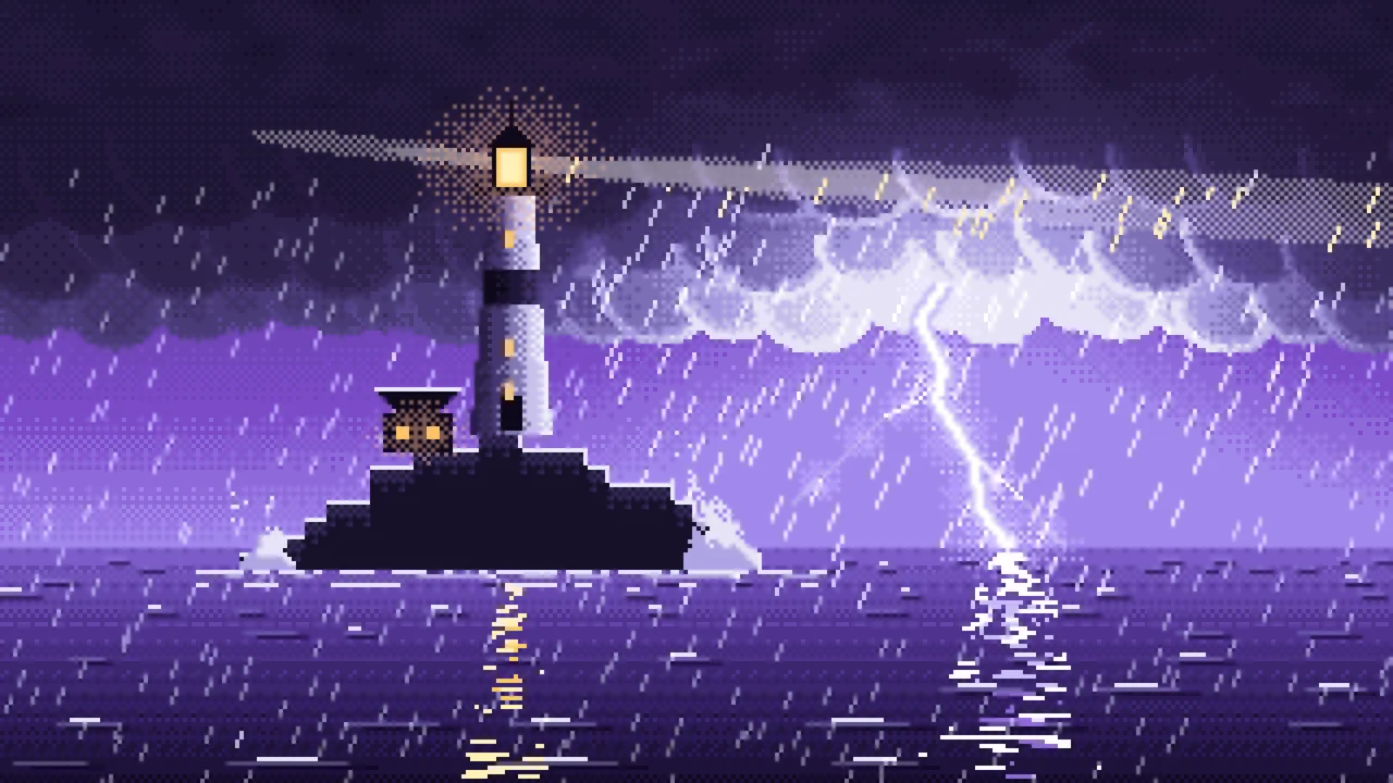 Purple Pixel Art Lighthouse in a Lightning Storm desktop wallpaper in 4K