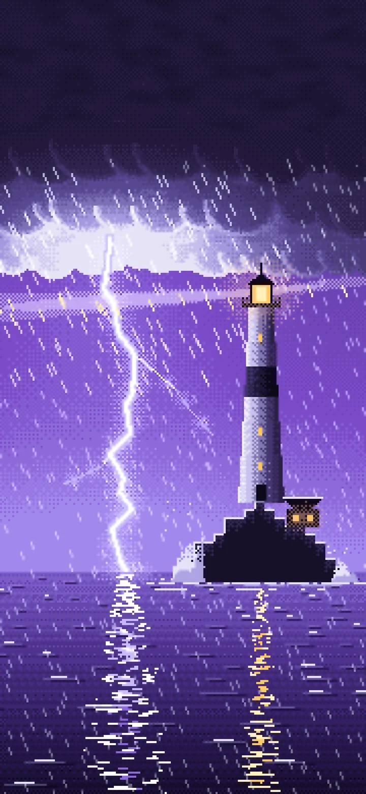 Purple Pixel Art Lighthouse in a Lightning Storm wallpaper for iPhone and Android