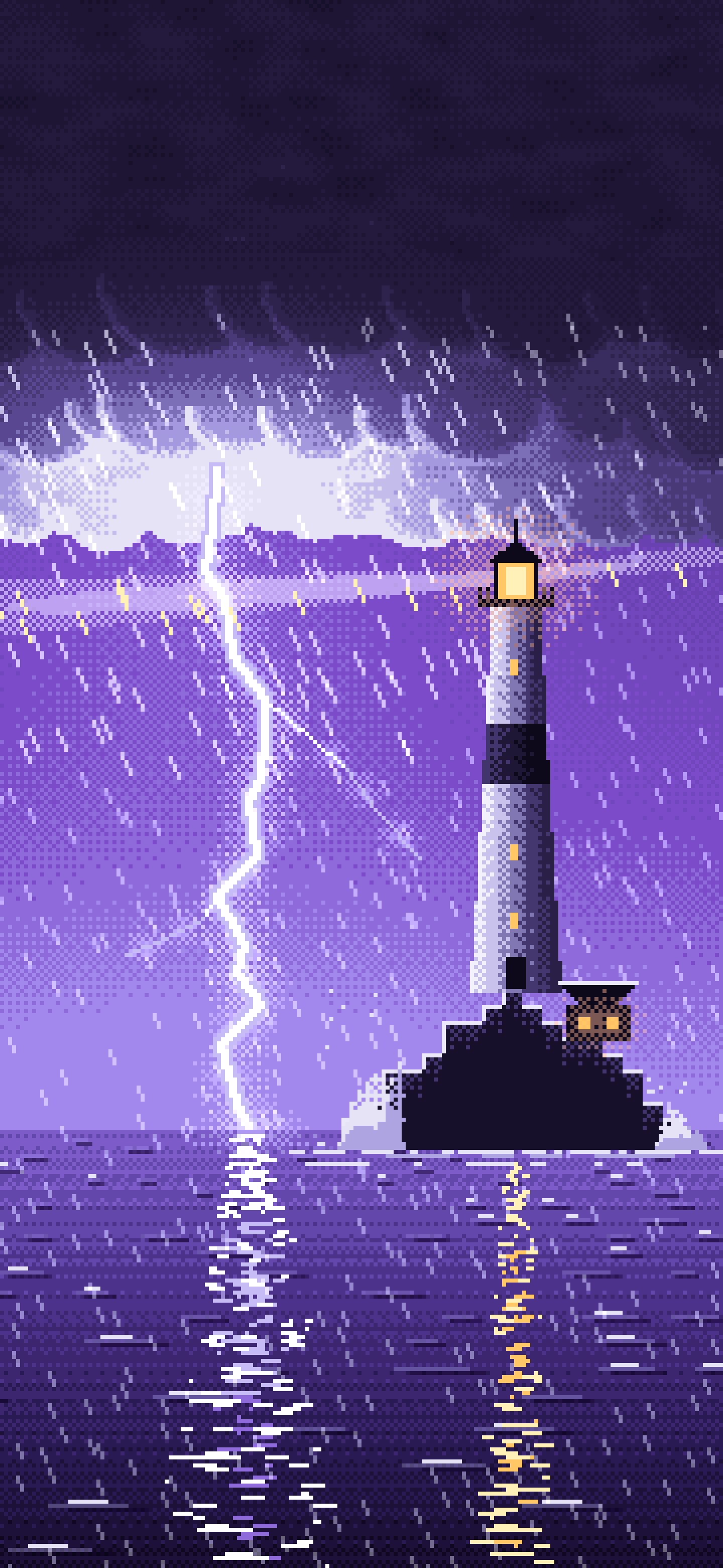 Purple Pixel Art Lighthouse in a Lightning Storm wallpaper for iPhone and Android