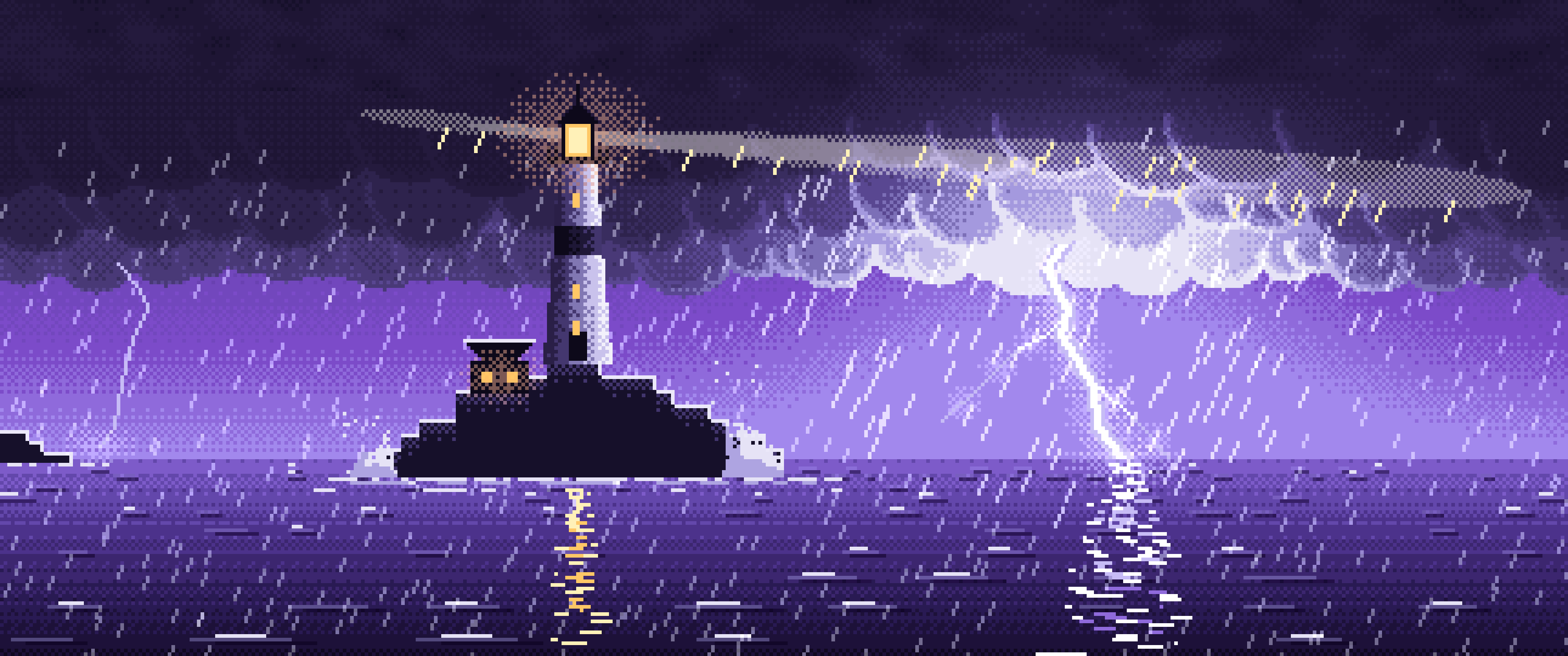 Purple Pixel Art Lighthouse in a Lightning Storm ultrawide wallpaper, 3440 × 1440
